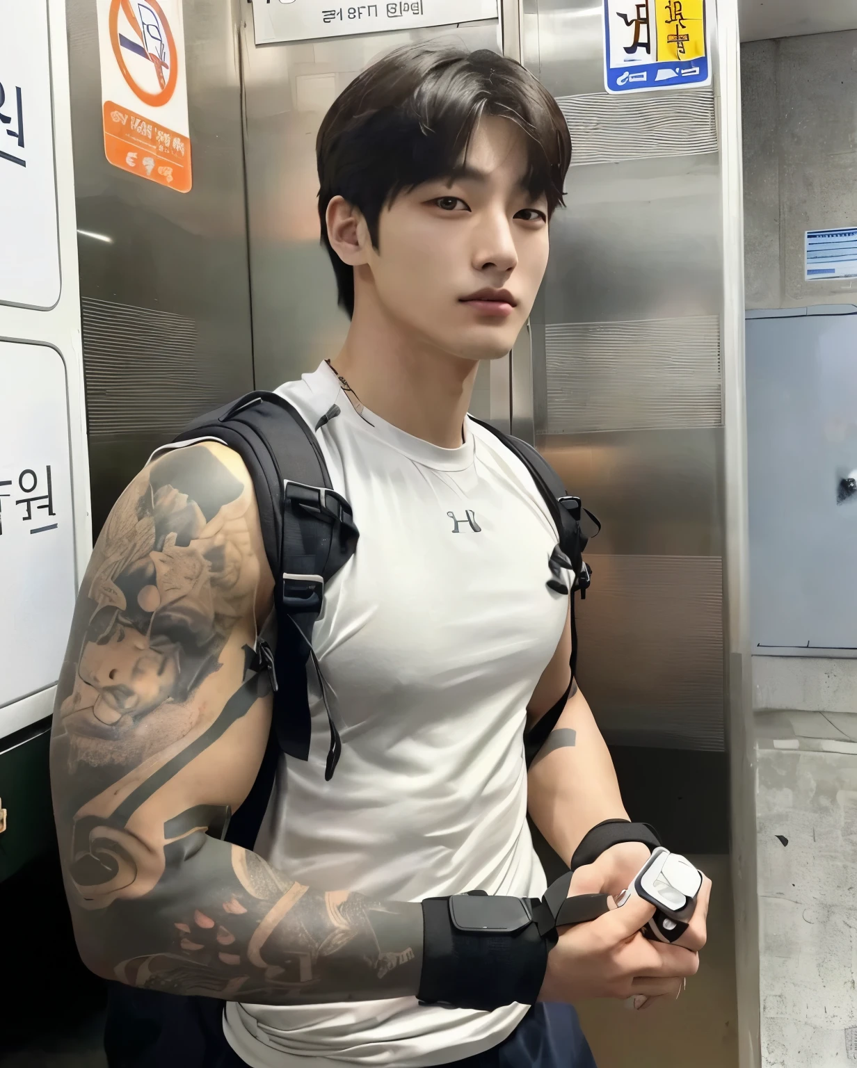 There's a man with a tattoo on his arm and a backpack, homem sul-coreano, Jinyoung Shin, who is siwoo, taejune kim,  musculoso coreano de 2 a 1 anos, Hong junho hyung, hyung tae, Hyung Tae Kim, jaeyeon nam, Hyung Tae Kim, Hyung Tae Kim, joongwon charles jeong, Jungkook 