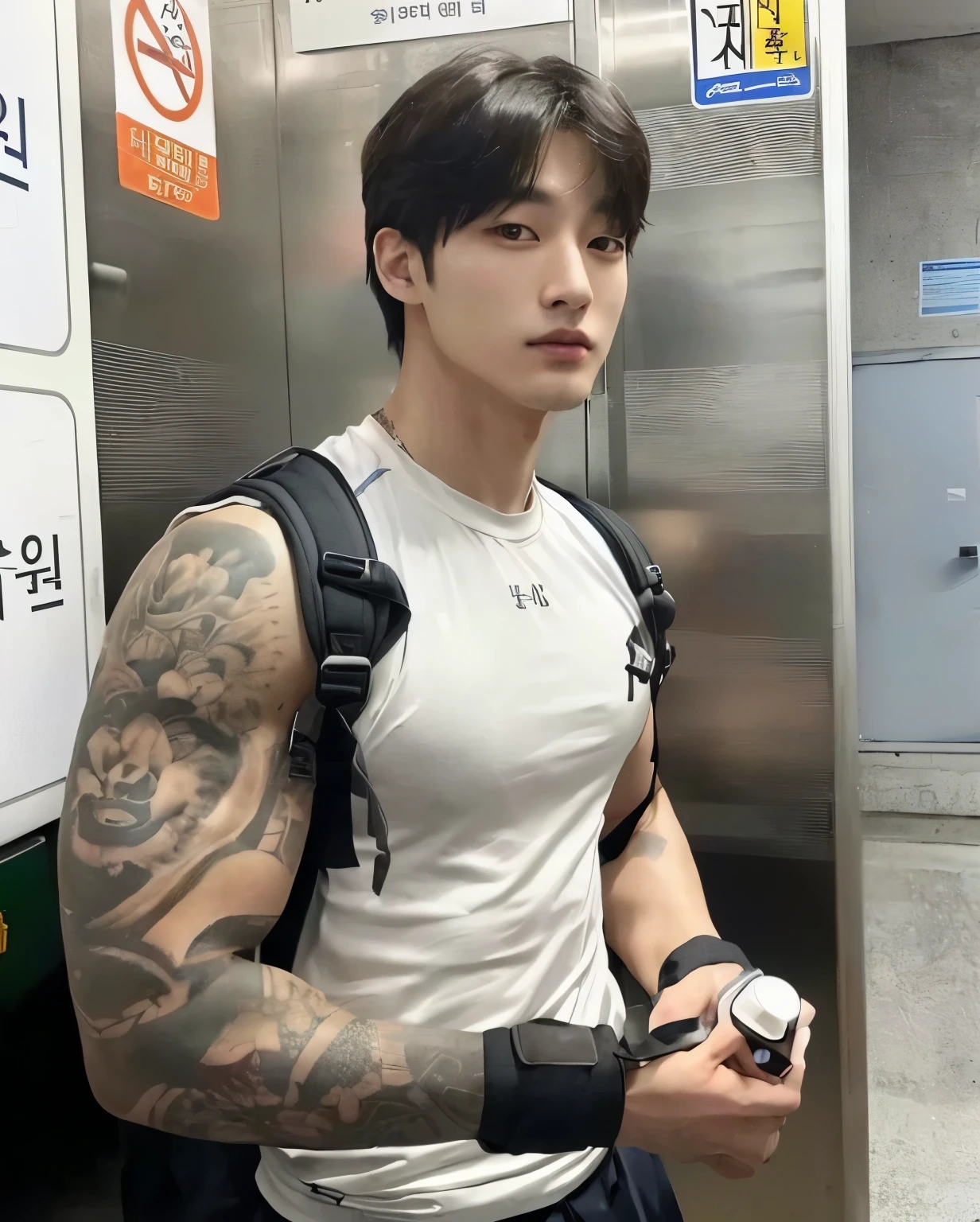 There's a man with a tattoo on his arm and a backpack, homem sul-coreano, Jinyoung Shin, who is siwoo, taejune kim, menino musculoso coreano de 2 a 1 anos, Hong junho hyung, hyung tae, Hyung Tae Kim, jaeyeon nam, Hyung Tae Kim, Hyung Tae Kim, joongwon charles jeong, Jungkook 