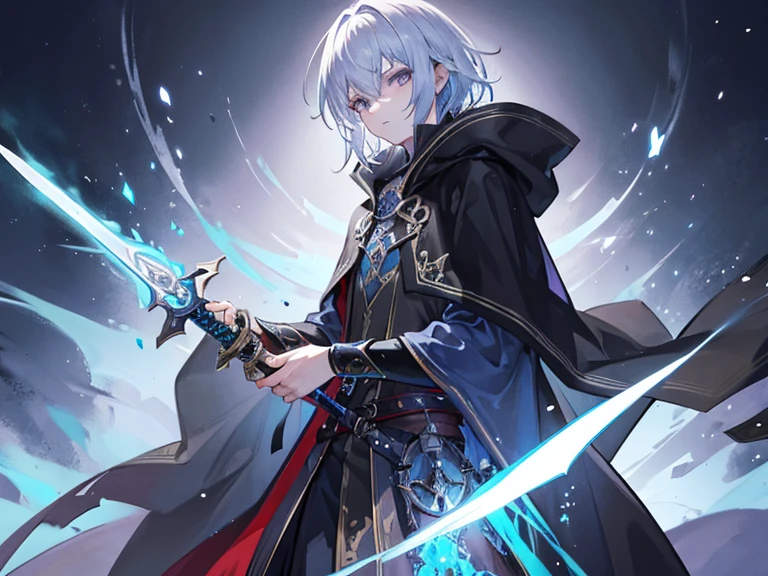 Create a mysterious male character clad in a cloak, holding a fantasy-themed sword. Focus on capturing an enigmatic aura through his design, incorporating subtle details to enhance his mysterious nature.