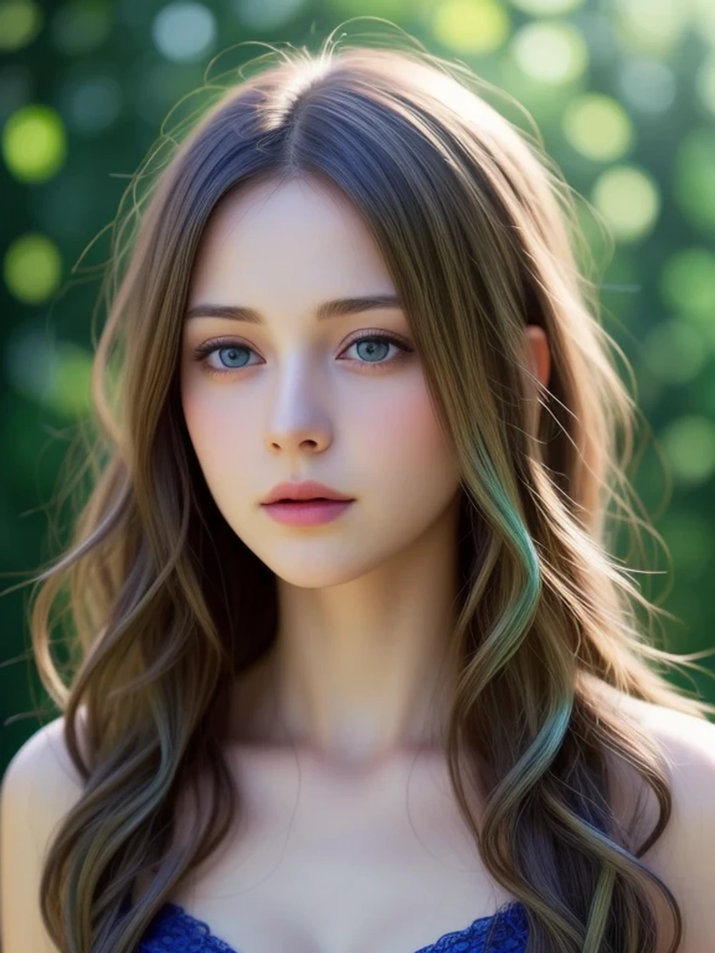 (looking away:1.4), (upper body shot:1.2), Realistic digital painting of a woman portrait, Shy, Cute, open mouth to say something, sad, blue eyes, (Wavy medium Hair:1.1), (brunette colored hair:1.3), (Highly detailed skin:1.2), Mystical style, Global Illumination,
