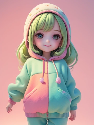 (​masterpiece), (top-quality), (ultra-detailliert), (full bodyesbian: 1.2) Beautiful and cute baby girl, Fruit theme, hoods, Colorful sweatshirts, Knitted jumpsuit, Pants, jaket, blouse, Clear smile, full bodyesbian, :3, Pastel tone background , Colorful and simple.