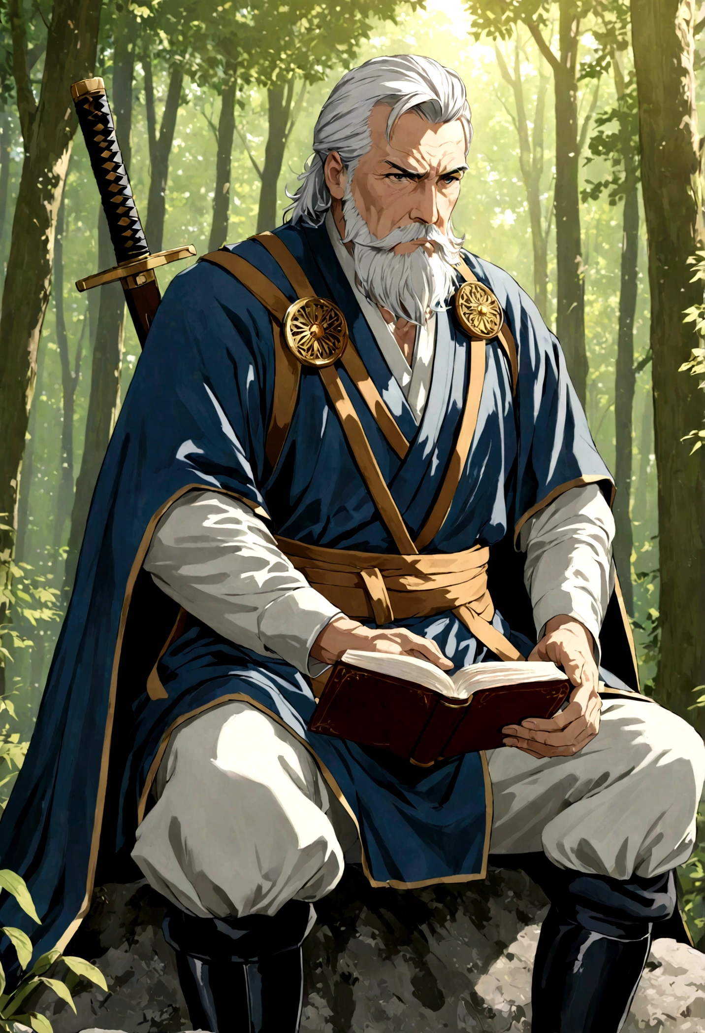It is a medieval. A 60-year-old male swordsman. Goldeneye, Serious expression, white hair combed back, A short, well-combed beard. Wearing dark blue clothing and a brown cape. Sitting on a rock in the forest. Reading a book, carrying a Japanese sword on his back, The sunlight above him. (Fine grain, Detailed sword, Details.)
