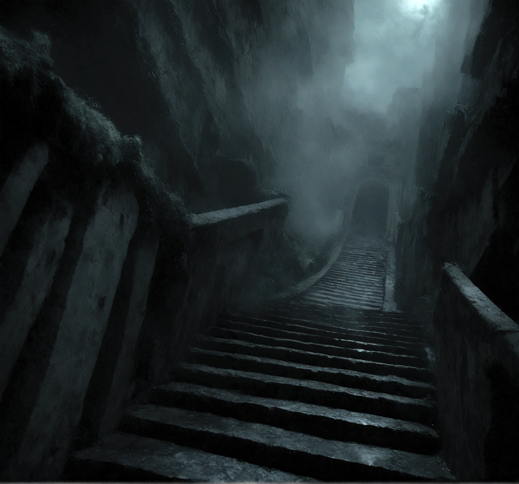 A photorealistic image, reminiscent of classic horror movie stills, of a weathered stone staircase descending into an impenetrable darkness in the midst of a foggy graveyard at night, viewed from the top landing, looking down, with a film horror aesthetic.