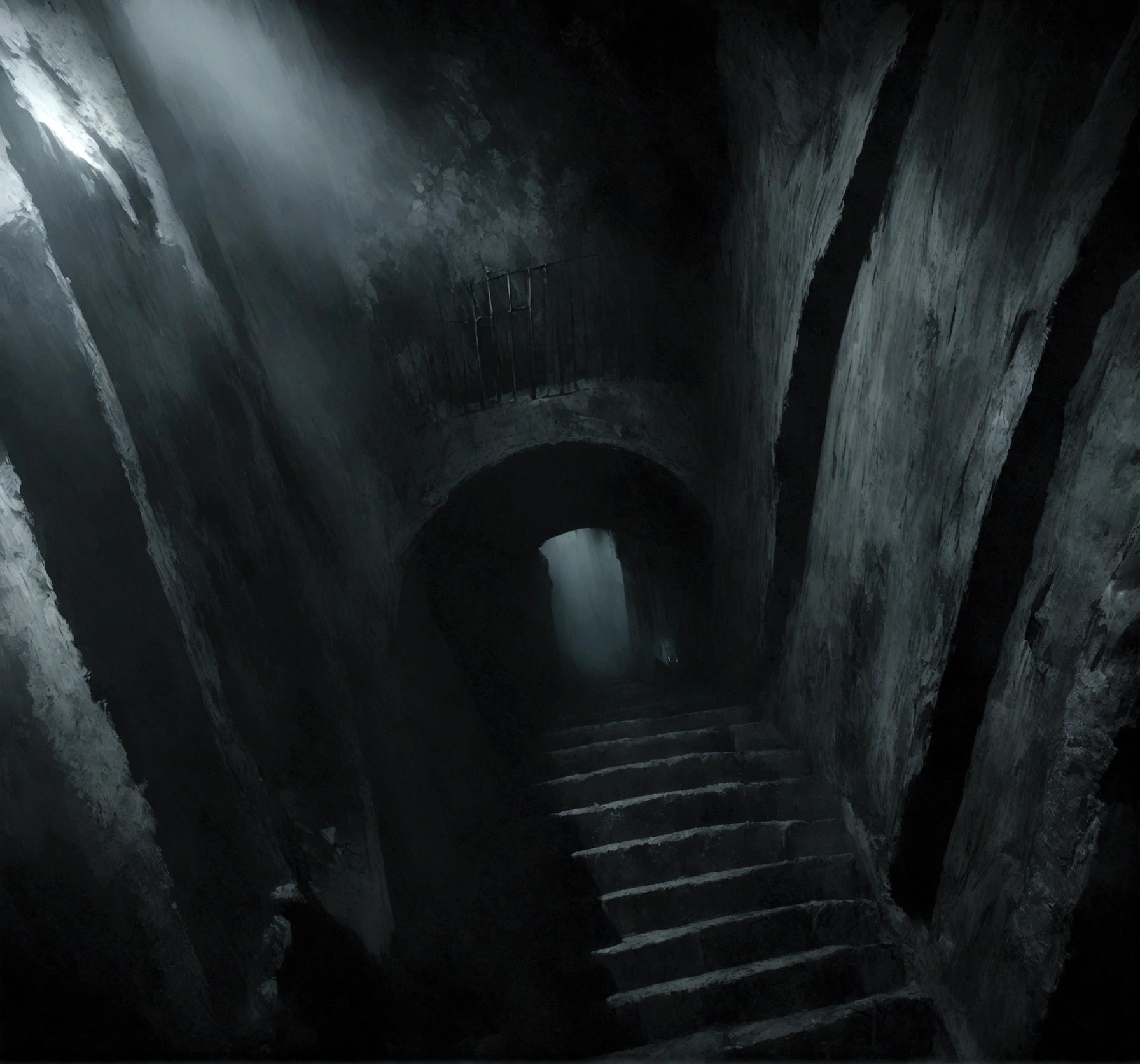 A photorealistic image, reminiscent of classic horror movie stills, of a weathered stone staircase descending into an impenetrable darkness in the midst of a foggy graveyard at night, viewed from the top landing, looking down, with a film horror aesthetic.