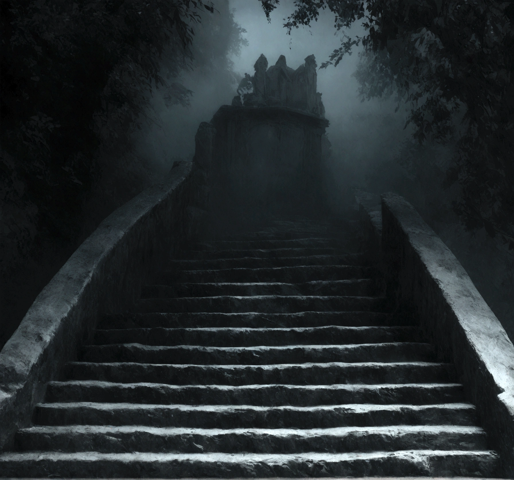 A photorealistic image, reminiscent of classic horror movie stills, of a weathered stone staircase descending into an impenetrable darkness in the midst of a foggy graveyard at night, viewed from the top landing, looking down, with a film horror aesthetic.