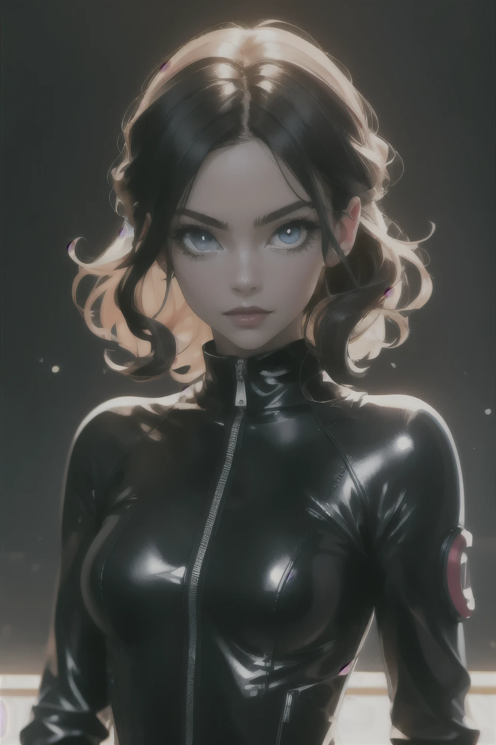 ((best quality)), ((masterpiece)), (detailed), 1girl, off-shoulder sweater, (masterpiece), (best quality), looking at the audience, Positive characters,4K,Detailed facial depiction of a lady, Light blue eyes, Simple background edge, (Natural waves:0.9),Black hair,Straight Hair,blue eyes movie, (Science fiction:1.2), , Tight leather jacket,Full bodysuit,Technology, (Black theme),whole body