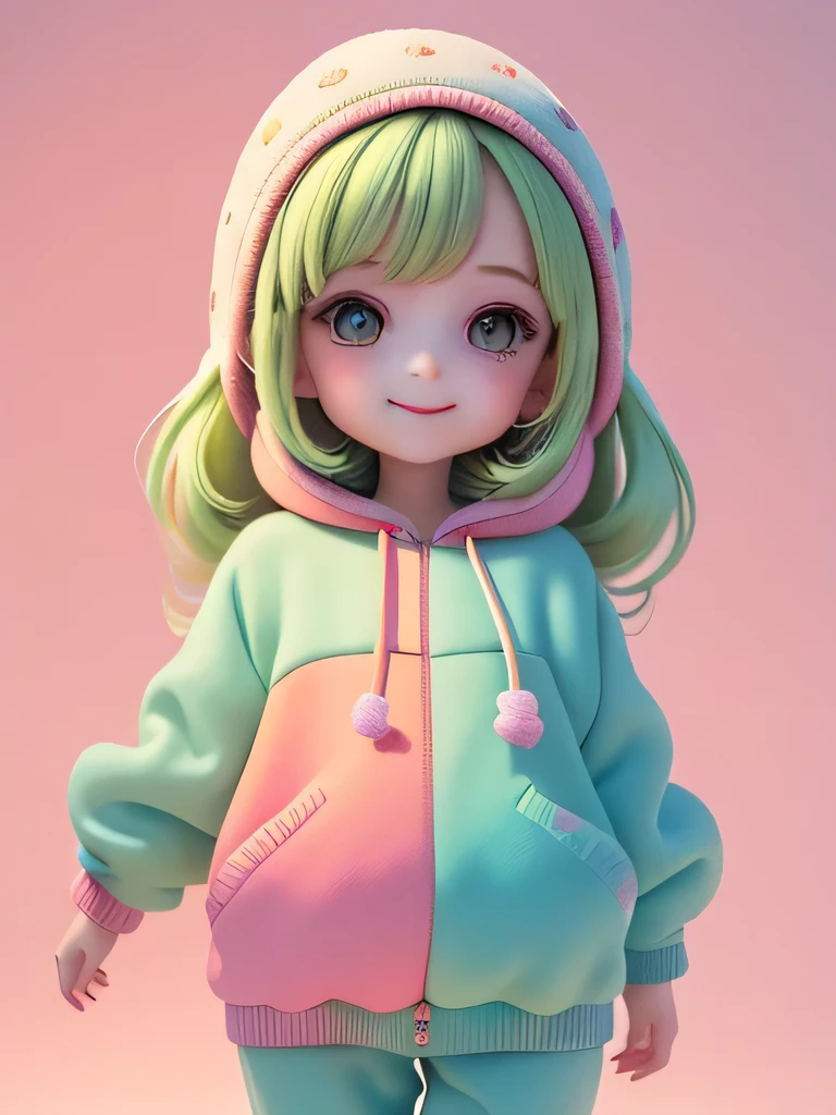 (​masterpiece), (top-quality), (ultra-detailliert), (full bodyesbian: 1.2) Beautiful and cute baby girl, Fruit theme, hoods, Colorful sweatshirts, Knitted jumpsuit, Pants, jaket, blouse, Clear smile, full bodyesbian, :3, Pastel tone background , Colorful and simple.