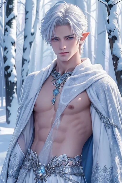 best quality,masterpiece,Ultra high detail,A handsome muscular fractal white hair snow elf druid prince, Short hair,topless,),(wearing silver and iced blue wardrobe with jewelry ),realistic, Winter wonderland background, light environment