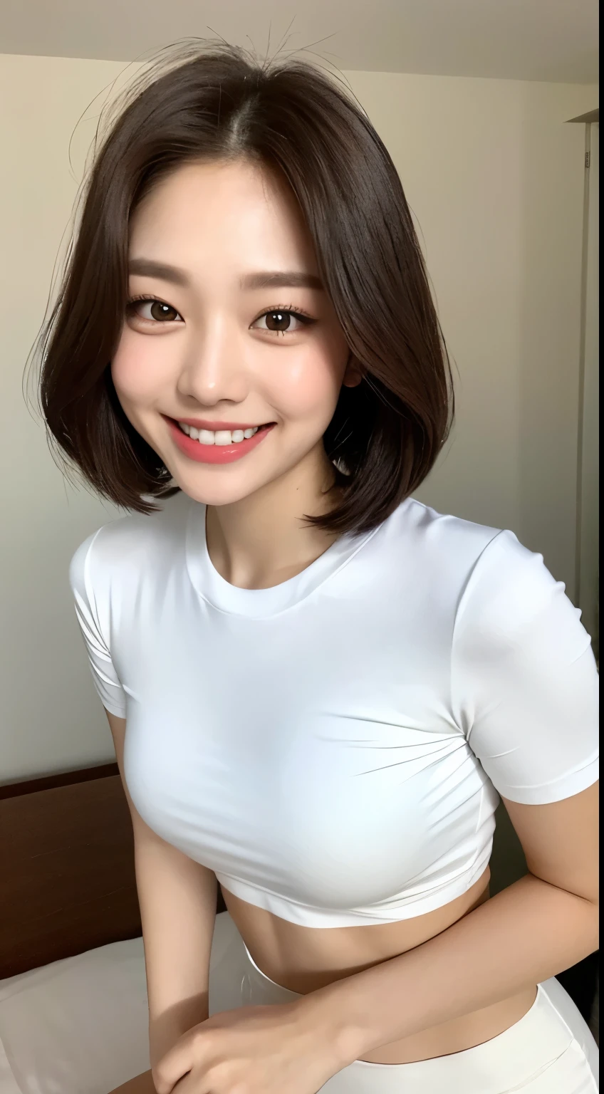 White tight shirt、White tight mini skirt、bed、smile、Short sleeve、high resolution、Korean idol face、double eyelid、White teeth