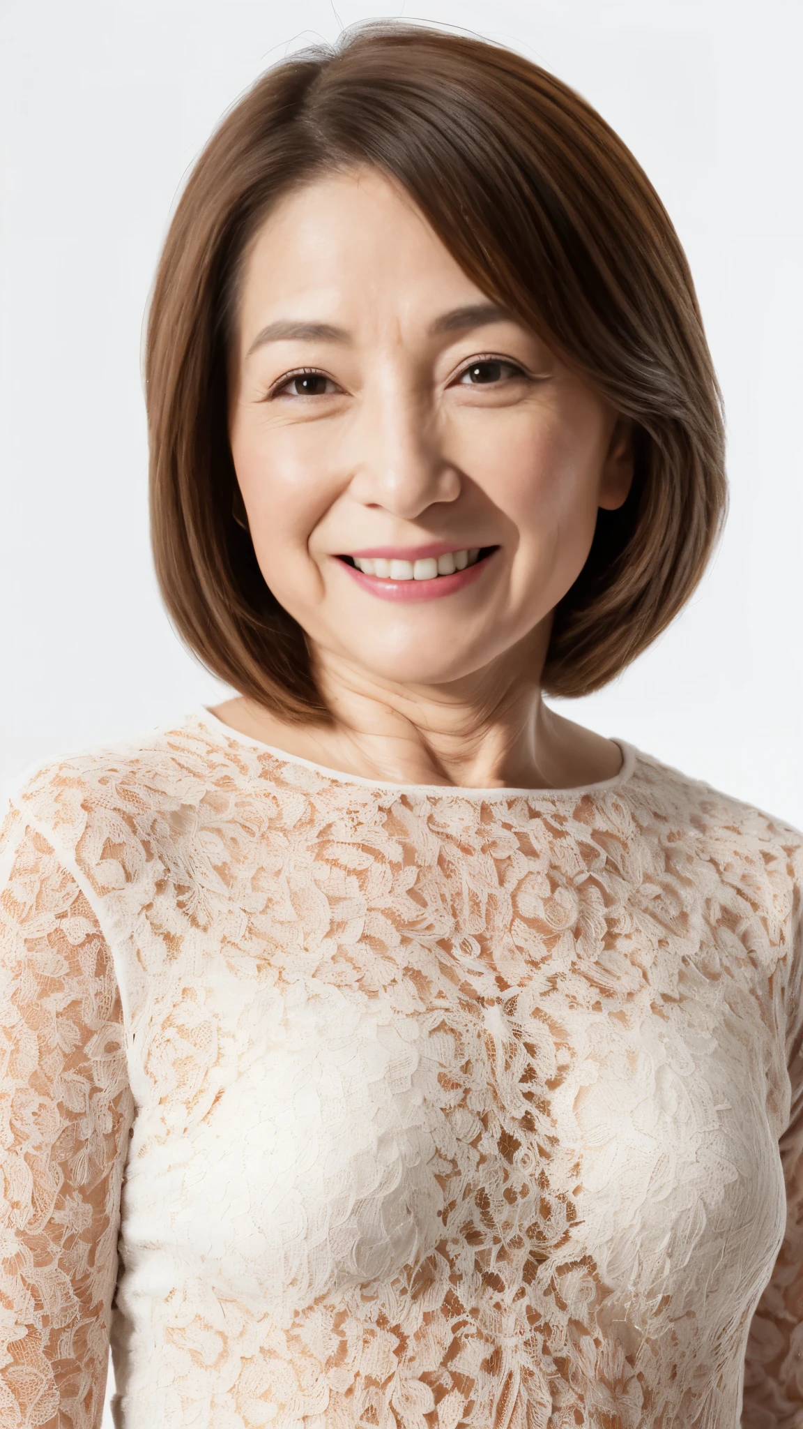 ((Face close-up)), ((Grandmother)), (((Short Bob))), Late Elderly, Aged face, Perfect composition, ((Fractal Art)), (((masterpiece))), 8k, Clear images, (((alone))), (((Asian Beauty))), Pure white background, Natural Hair Color, Hands behind back, Refreshing early summer outfit, Alluring, ((Elderly)), Depict lips accurately,Red lips, Flashy makeup, (((alone))), (((Perfect Anatomy))), Depicting ears correctly, Pure white background, gravure, Upright posture, smile, ((Beautiful mature woman)), highest quality, Very detailed, Realistic, Very detailed細なスキン, (Madame), (The corners of the mouth are turned up), 120 years old, Huge breasts, Mature Politician, Glamour, sexy, Pure white skin, Natural hairstyle, Comfortable clothing,