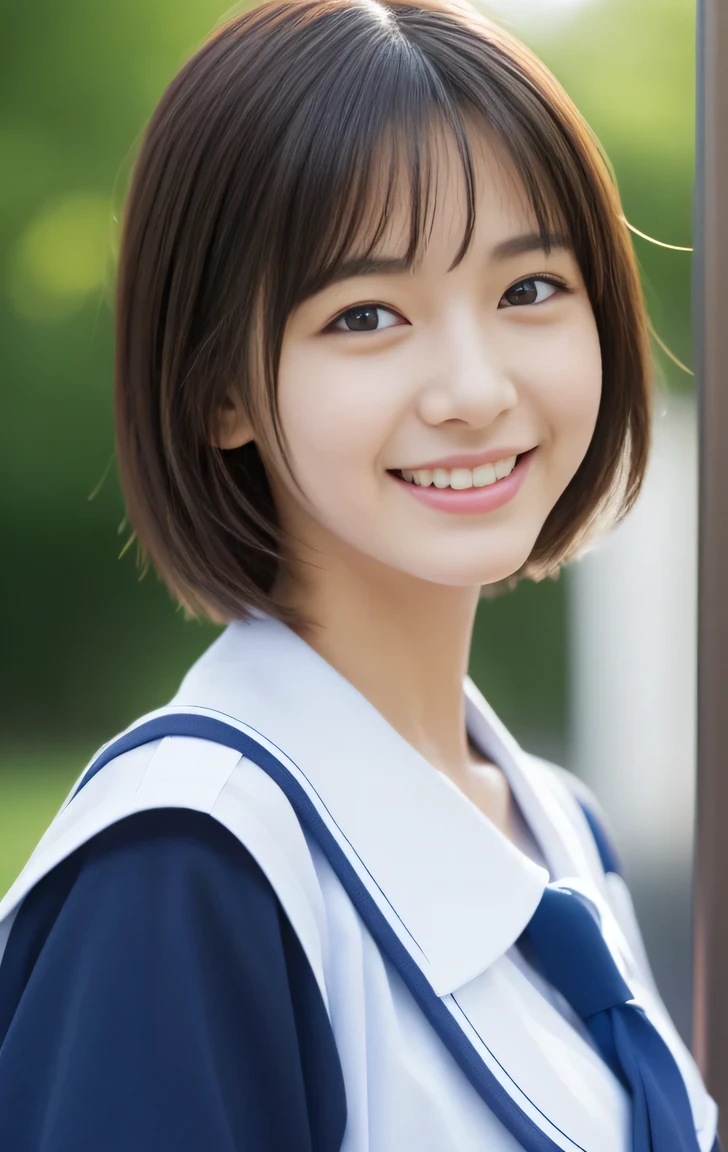 14years japanese girl、cute smile at the viewer, (arms at sides:1.2), standing straight, Short-cut hairstyles 、、summer School Building、Skinny Legs、Extraordinary beauty、Cute face、The best smile、Cute smile、frontage、slender、Schools、 (Raw foto:1.2), (Photorealsitic:1.4), a beautiful detailed girl, extremely detailed eye and face, beatiful detailed eyes, huge filesize, hight resolution, ighly detailed, top-quality, masterpiece, ((Japanese girls' high school uniform)), ighly detailed, nffsw, 8k wallpaper, magnifica, finely detail, top-quality, Highly detailed ticker short sleeves uniform、 Light on the Face、light、open shirt,
