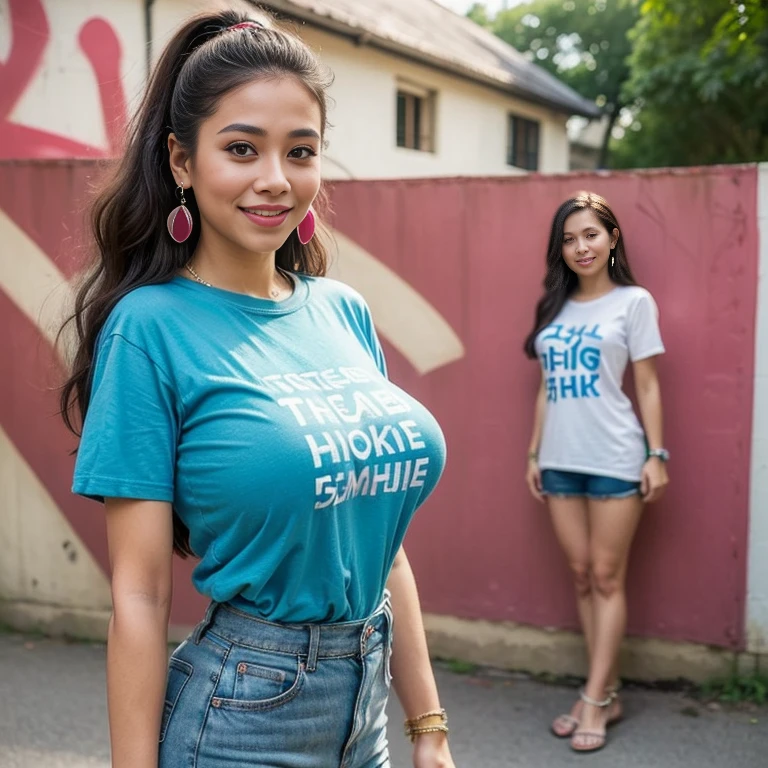 (Extreme Wide Shot:1.3),(street art:1.5),(Beautiful huge breasts:1.5),(Slim waist:1.3),(T-shirt:1.5), necklace,Earrings,highest quality,(((masterpiece))),8k,Photorealistic,thai women:1.5,(Thin eyebrows),(smile:1.3),