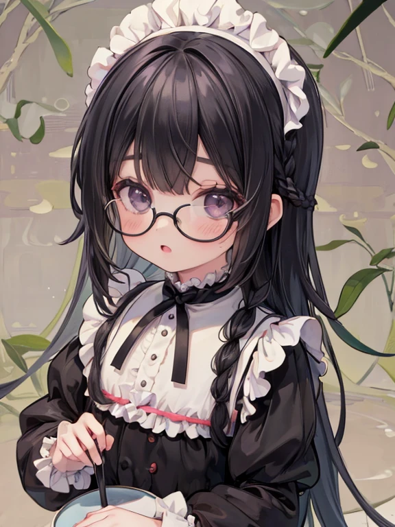 8k, (Tonalism:1.8), 9-year-old girl, black eye, Glasses, Black Hair, Long Hair, Braid, Black maid outfit