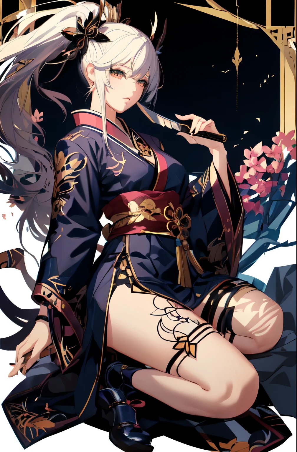 Anime girl with long hair sitting on bed with sword, extremely detailed ArtJam, onmyoji detailed art, style ArtJam, rossdraws Sakimimi-chan, Beautiful and attractive anime woman, style of ArtJam, artstation pixivでトレンド, Anime Style 4k, ArtJam. Anime illustration, Up to the model | ArtJam