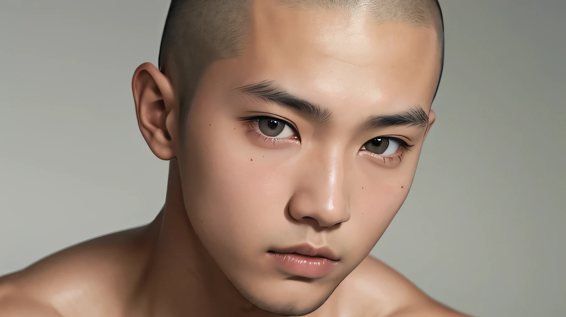 Handsome Japanese male model, 17 years old　cute　Watery eye　blush　Shaved head　Skinhead　Staring straight into the camera　Beautiful Skin　Nude from the shoulders up　ID photo　The whole head fits in　　Gray tone plain background
