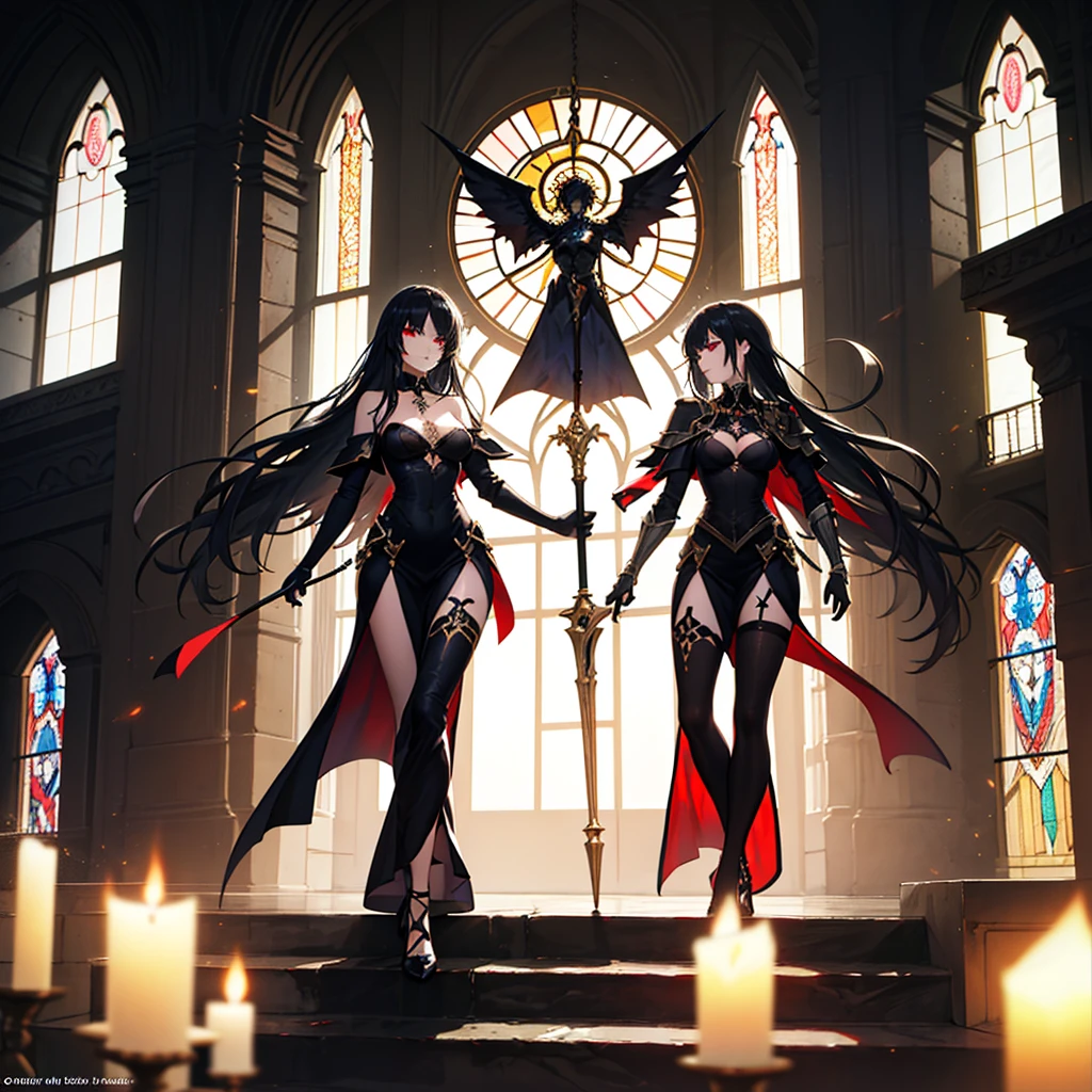A breathtaking artwork of a female character of unimaginable beauty, set in a dark and opulent environment. The full-body view reveals an impressive figure, exuding an aura of power and mystery. She wears black and gold clothes, radiating a luxurious darkness. Her armor is detailed and characteristic, with intricate golden designs that shimmer in the dim light. Ornate shoulder pads protect her shoulders, and the armor perfectly molds to her body, accentuating her formidable presence. Her long black hair flows like a river of darkness, contrasting with her mesmerizing scarlet eyes. Her beauty is almost supernatural, a perfect blend of grace and menace. She wields a cursed blade that seems to pulse with malevolent energy, enhancing her aura of danger. The setting around her is a gothic and luxurious environment, with dark arches and stained glass windows that filter a supernatural light. In the background, candles flicker, casting dancing shadows on the intricately carved stone walls. It is a place that blends elegance and terror, perfectly reflecting the essence of the character.