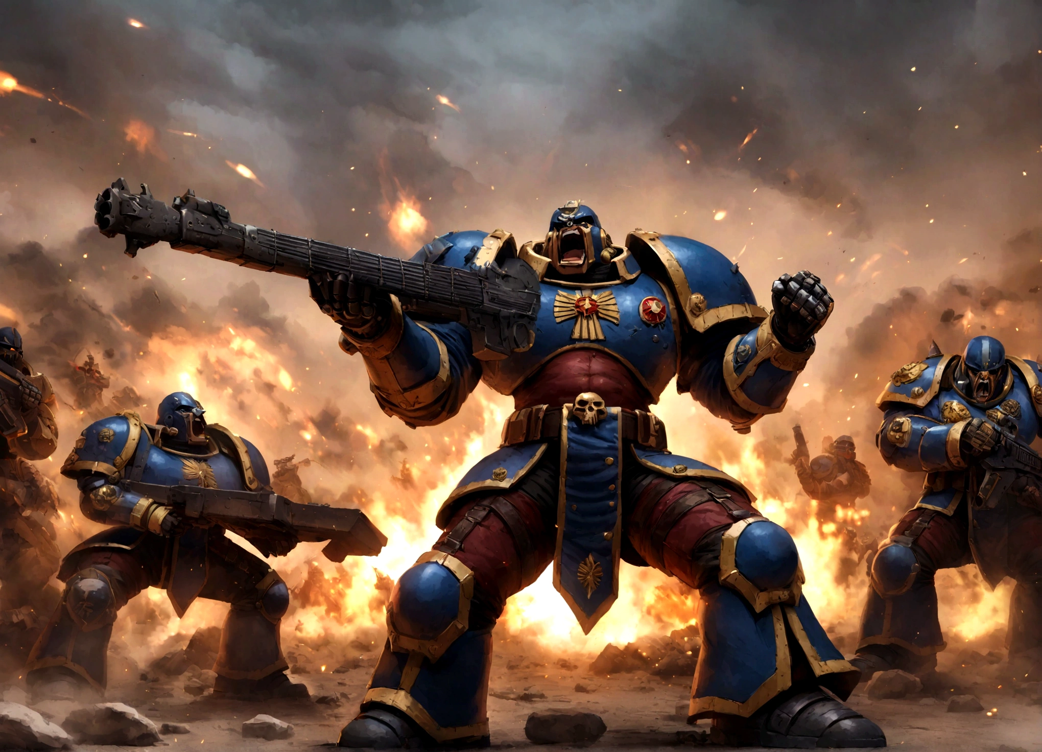 Warhammer 40k, an ogryn male, powerful build, minor crude cyber augments, revealing military themed outfit, shouting singing, reinforced combat guitar, battlefield