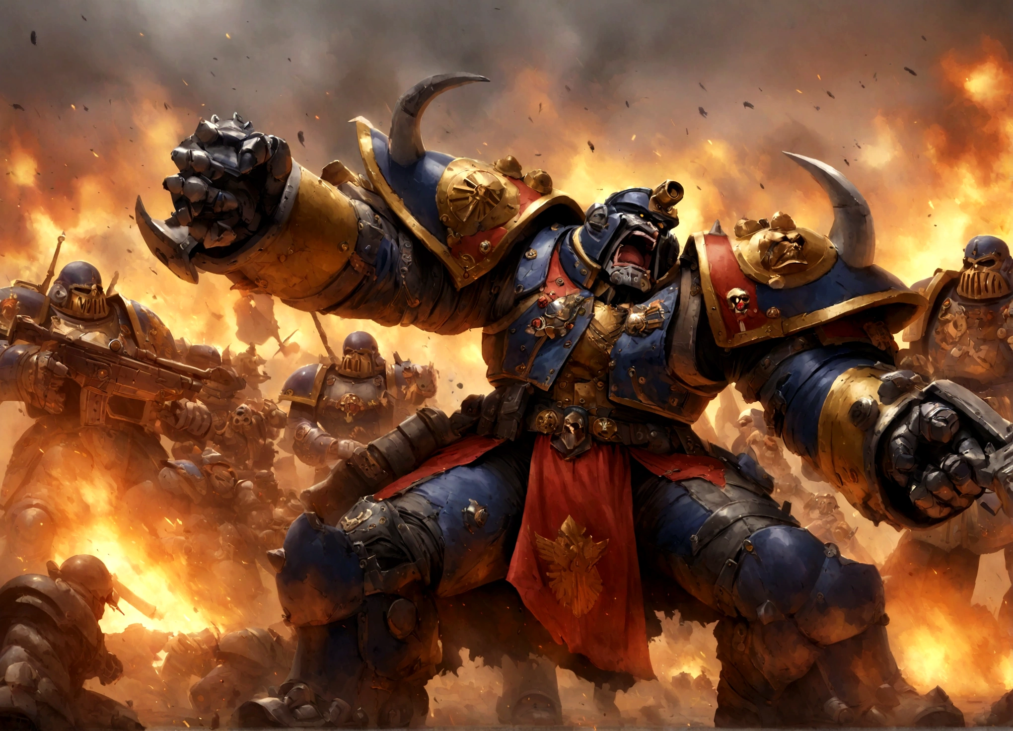 Warhammer 40k, an ogryn male, powerful build, minor crude cyber augments, revealing military themed outfit, shouting singing, reinforced combat guitar, battlefield