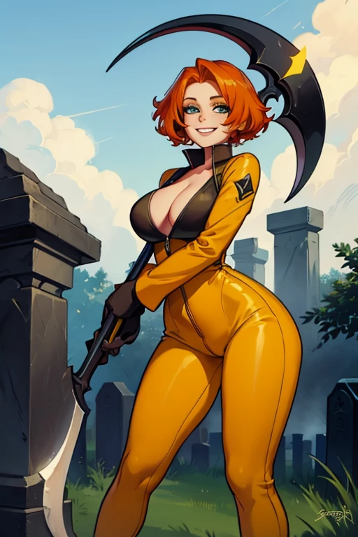 An orange haired female reaper with green eyes with an hourglass figure in yellow jumpsuit is  smiling while leaning forward with a big smile in a cemetery with a her scythe