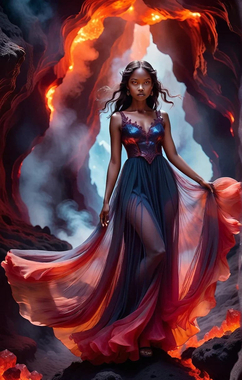 Dreamscape dark and moody portrait of a demon emissary in the midst of a darkly lit volcanic crystal cave where she floats among the magma flows with her mesmerizing visage and her (diaphanous dress billowing:1.4) amongst the smoke filled air. . Surreal, ethereal, dreamy, mysterious, fantasy, highly detailed