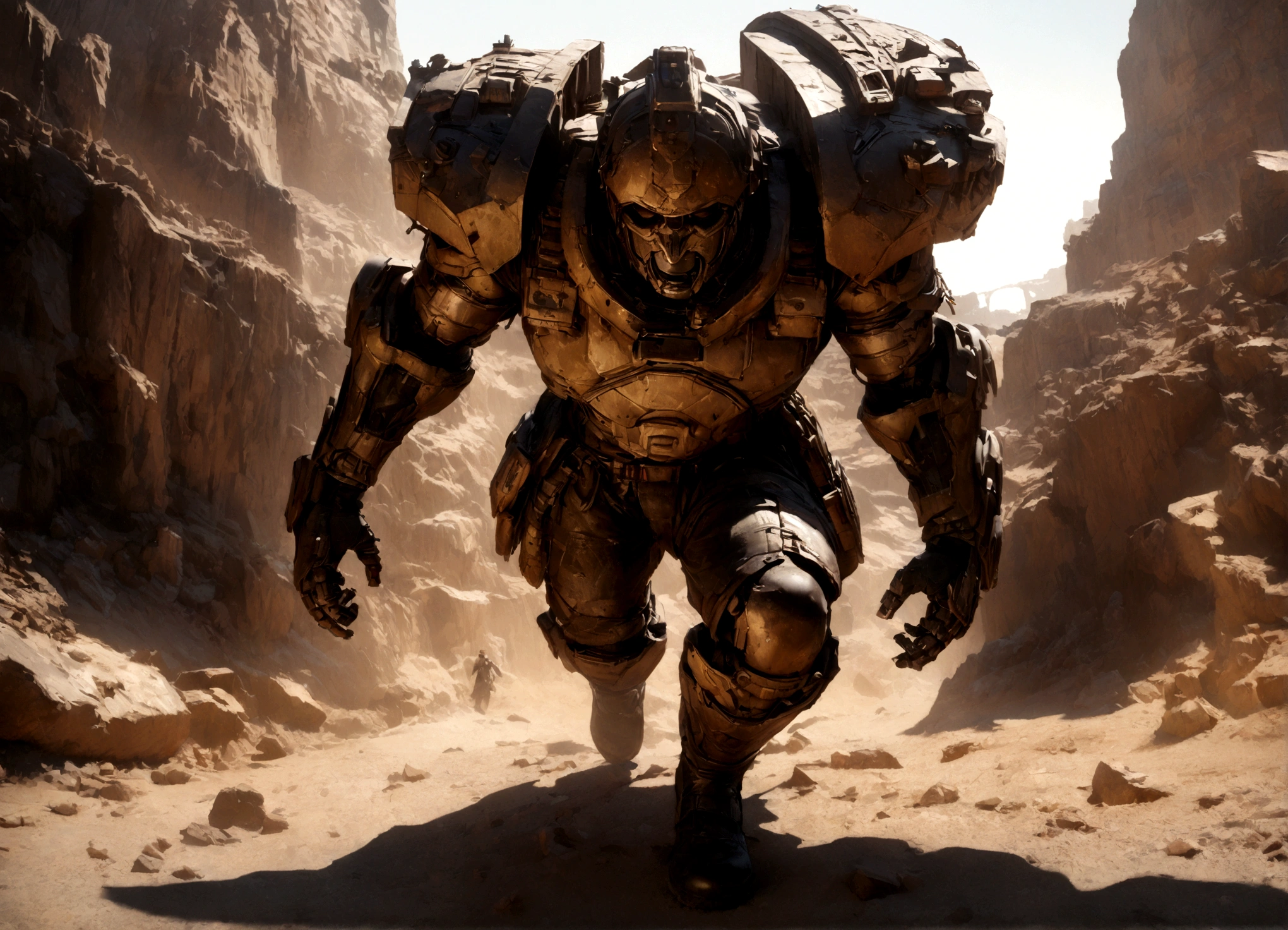 a powerful ogryn male, detailed muscular build, crude cyber augments, military themed outfit revealing skin, shouting singing, reinforced combat guitar, wartorn battlefield, dramatic lighting, cinematic composition, (best quality,4k,8k,highres,masterpiece:1.2),ultra-detailed,(realistic,photorealistic,photo-realistic:1.37),gritty military sci-fi,vibrant colors,dramatic shadows