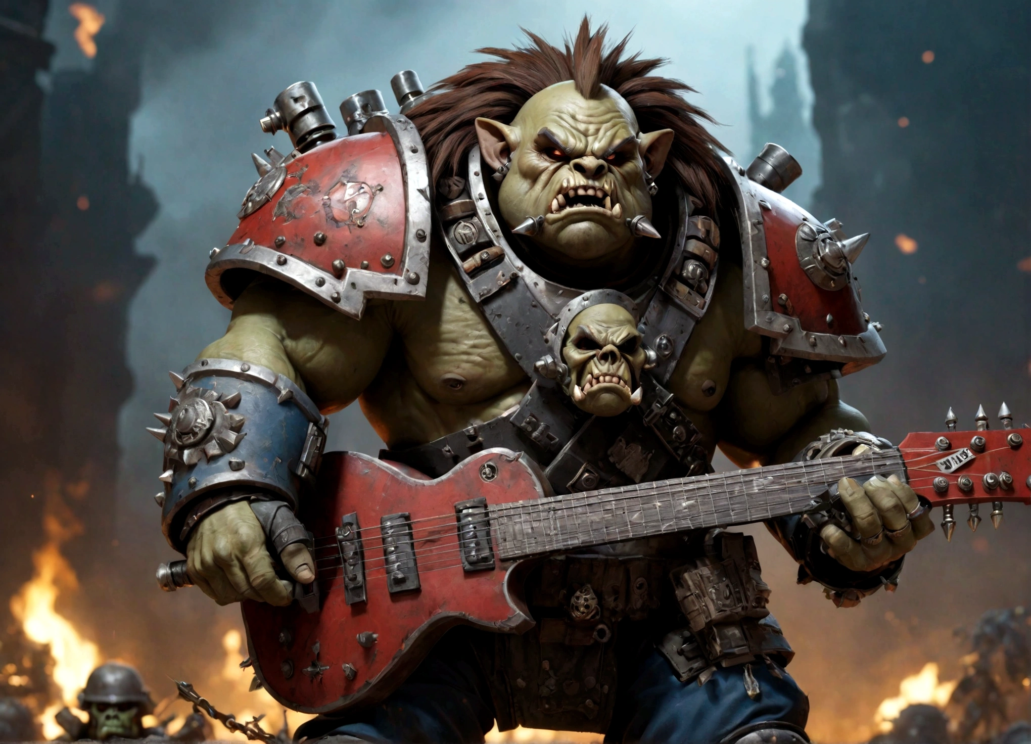 Warhammer 40k, an ogryn male, powerful build, minor crude cyber augments, revealing military themed outfit, shouting singing, reinforced combat guitar, battlefield

