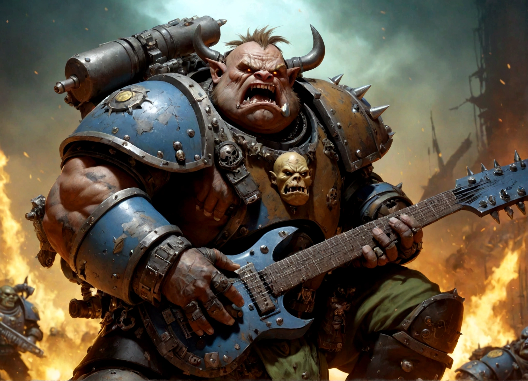 Warhammer 40k, an ogryn male, powerful build, minor crude cyber augments, revealing military themed outfit, shouting singing, reinforced combat guitar, battlefield
