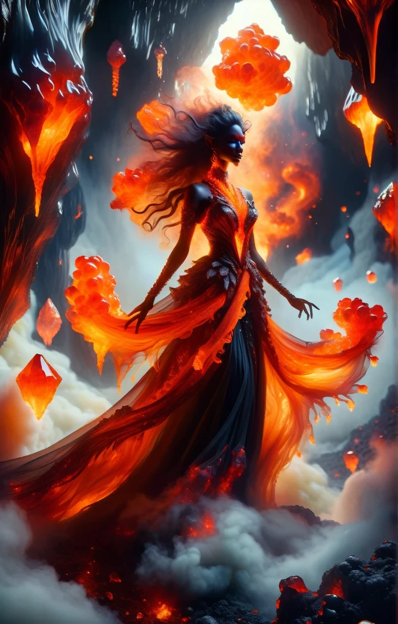 Dreamscape dark and moody portrait of a demon emissary in the midst of a darkly lit volcanic crystal cave where she floats among the magma flows with her mesmerizing visage and her (diaphanous dress billowing:1.4) amongst the smoke filled air. . Surreal, ethereal, dreamy, mysterious, fantasy, highly detailed
