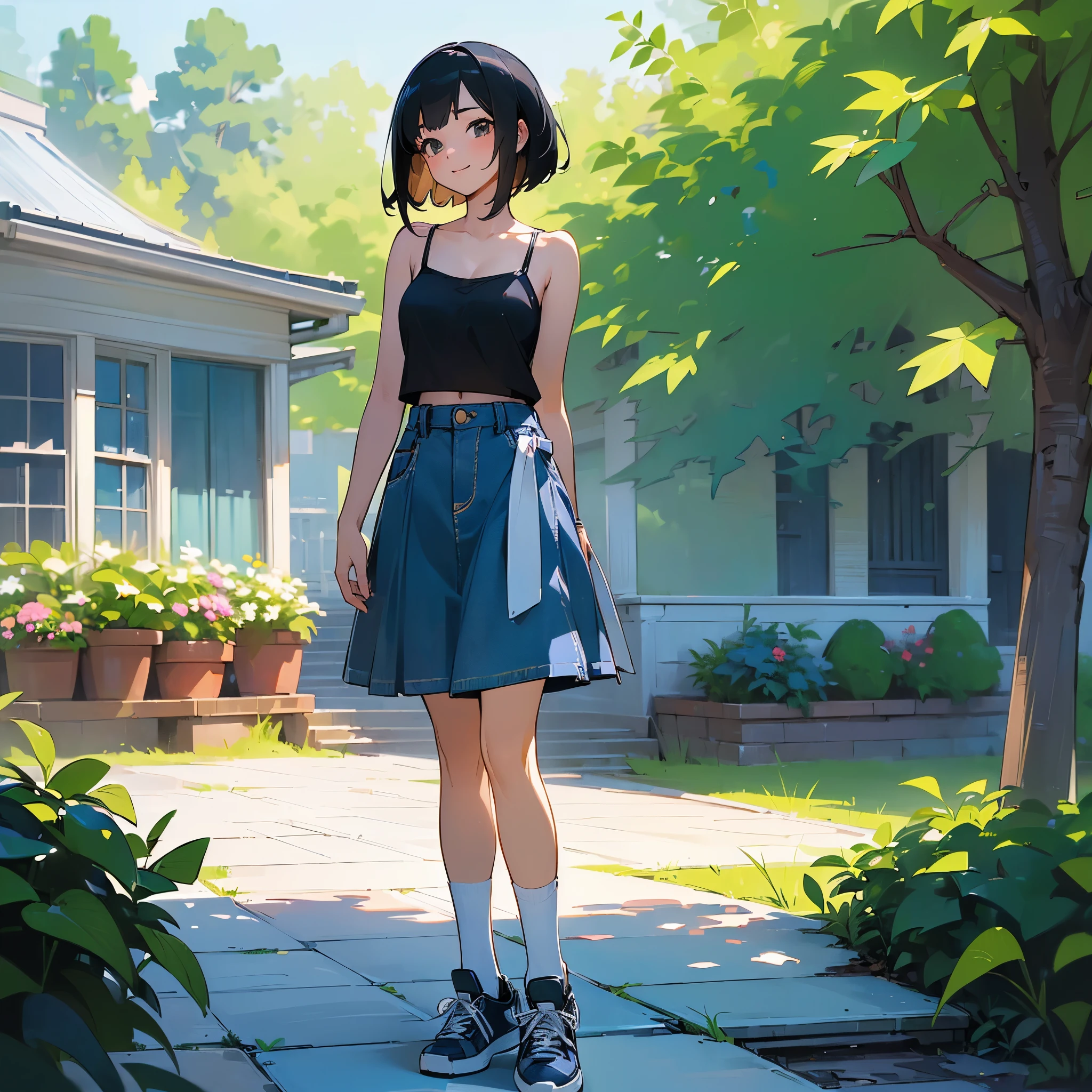 (high quality, High resolution, Very detailed, reality:1.37), Peaceful atmosphere, (Outdoor, garden), Teenage girl standing alone, (my breasts are big.), Beautiful details, Cute Smile, (Black bob hair), camisole, Denim skirt, Blue socks, sneakers.