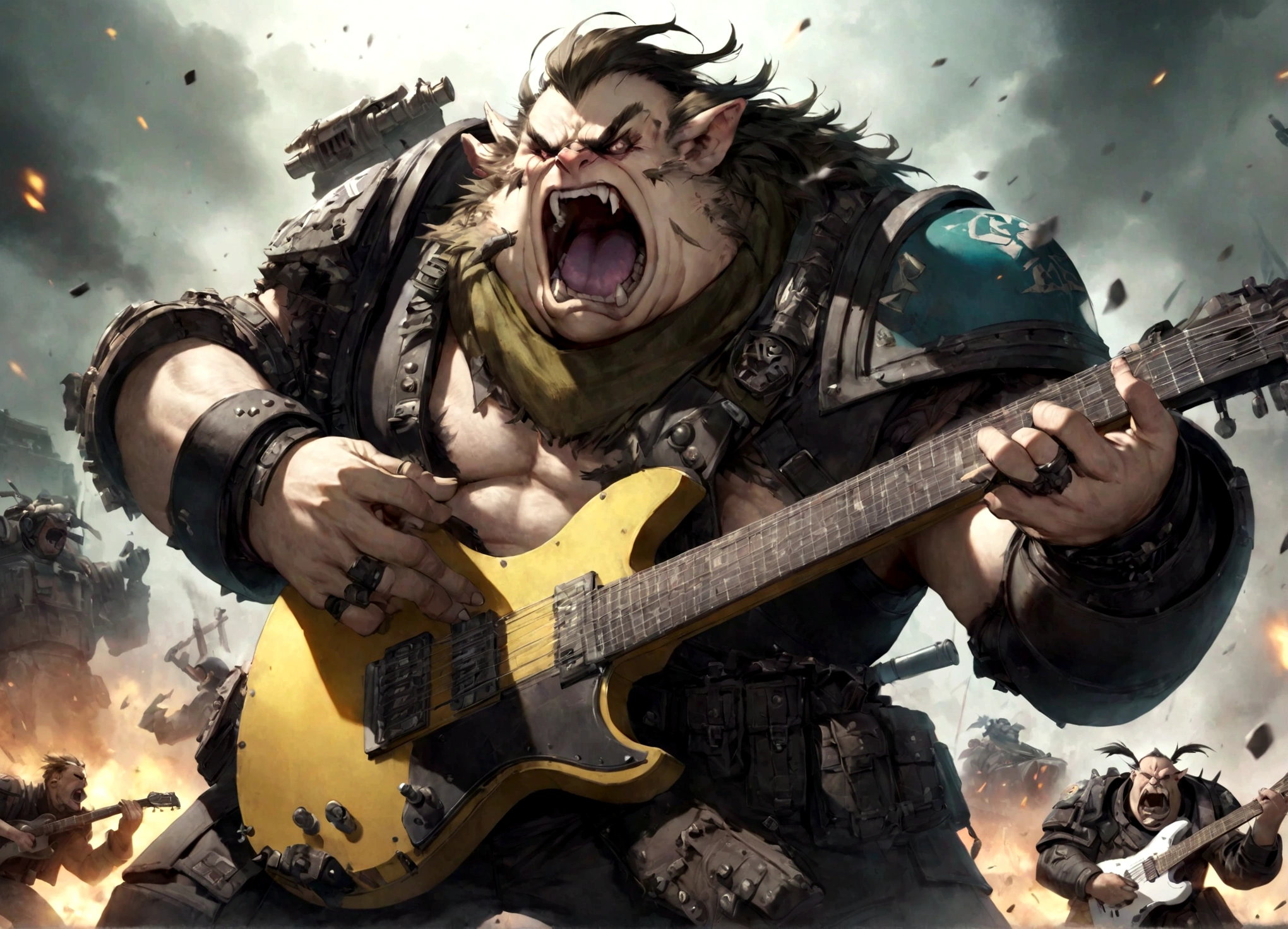 Warhammer 40k, an ogryn male, powerful build, minor crude cyber augments, revealing military themed outfit, shouting singing, reinforced combat guitar, battlefield
