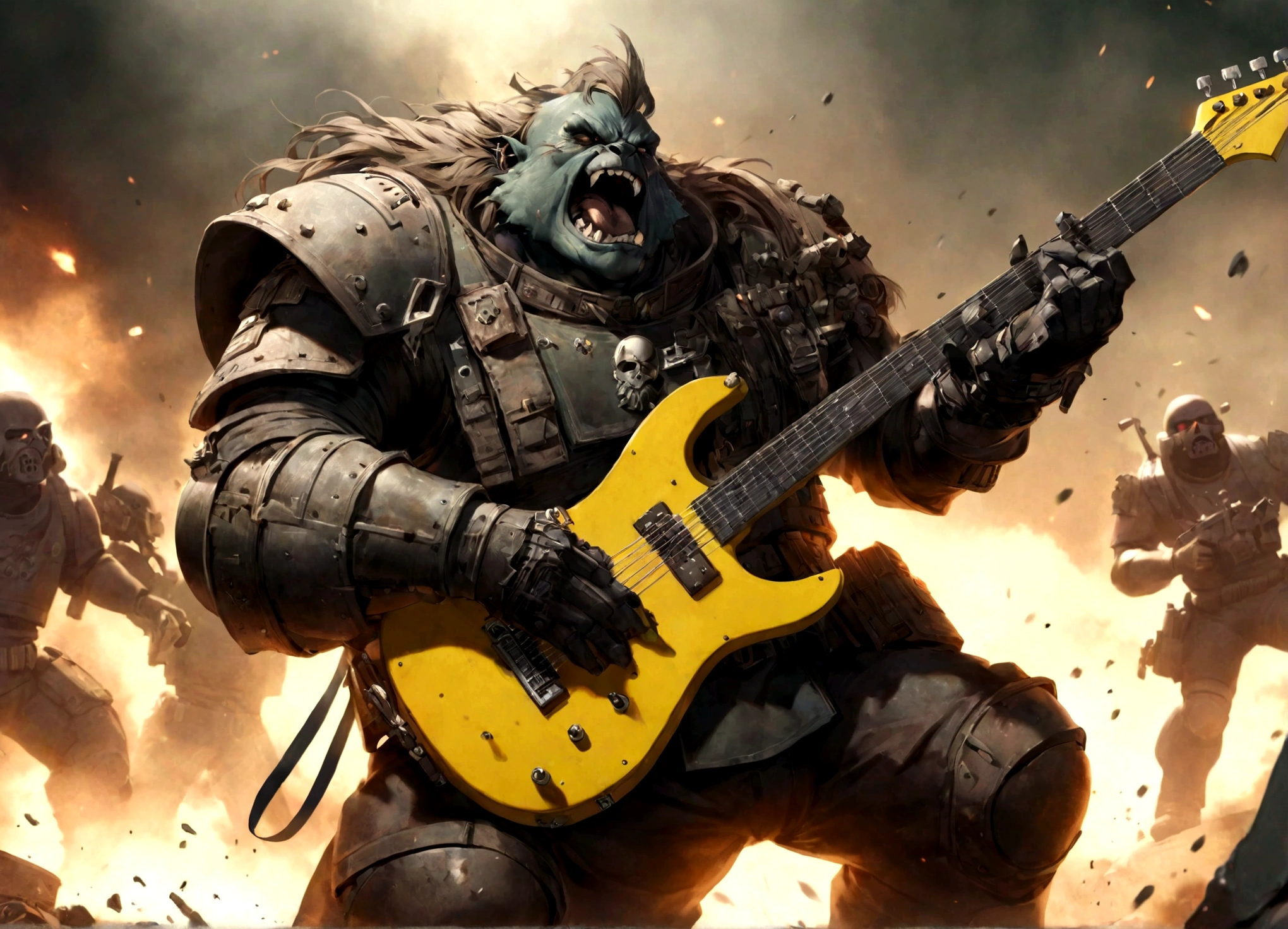 Warhammer 40k, an ogryn male, powerful build, minor crude cyber augments, revealing military themed outfit, shouting singing, reinforced combat guitar, battlefield
