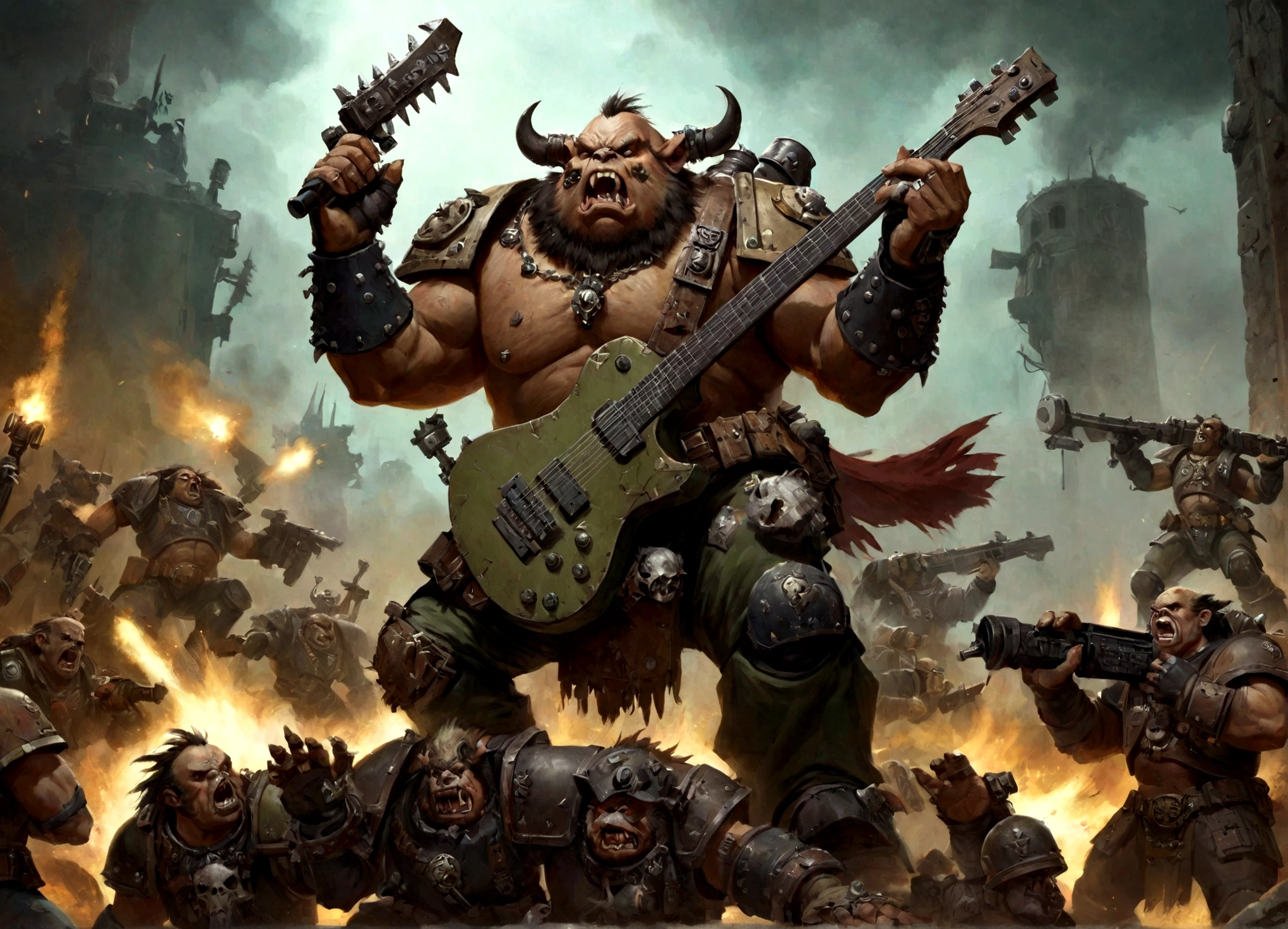 Warhammer 40k, an ogryn male, powerful build, minor crude cyber augments, revealing military themed outfit, shouting singing, reinforced combat guitar, battlefield
