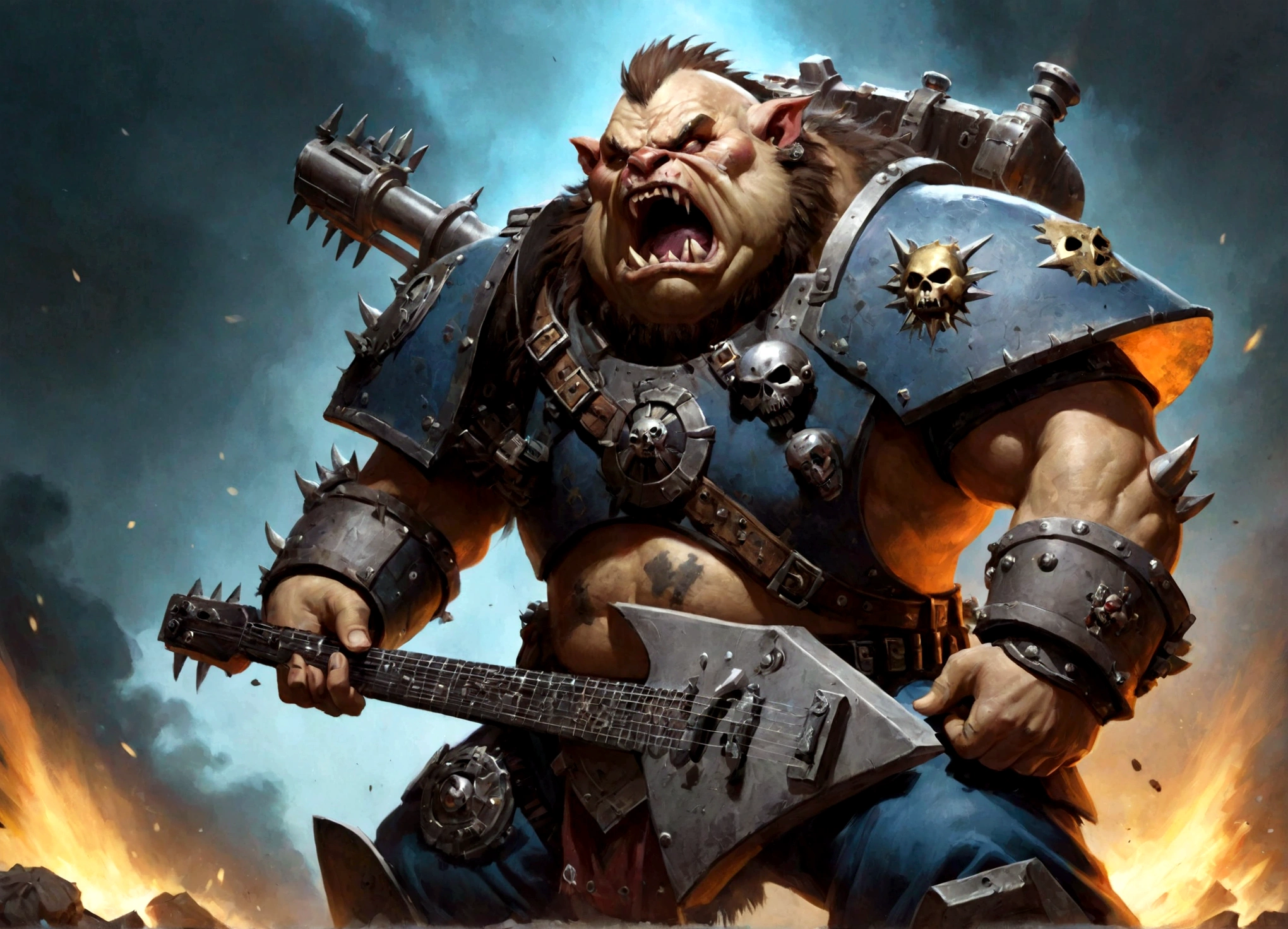 Warhammer 40k, an ogryn male, powerful build, minor crude cyber augments, revealing military themed outfit, shouting singing, reinforced combat guitar, battlefield