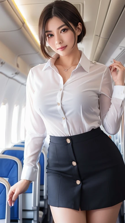 1 Female, 29-year-old、Ultra detailed face、Detailed lips、Detailed eyes、double eyelid、(Short Hair)、She smiles as she walks slowly down the aisle.、(Stewardess Uniform:1.2)、 (Shirt No.１Button No.２Button No.３The button is open), ((The chest is slightly open:1.3)), (Attractive body)、(Voluptuous Boobs:1.2)、Perfect hands, Perfect Fingers, Thighs Thighs Thighs Thighs, Exactly, Perfect body, Perfect Face, Perfect Image Realism, background: (Business class aisle on airplane:1.2), Cowboy Shot, 綿密なbackground, Detailed costume, Perfect lighting、((Hyperrealism))、(Photorealistic:1.4)、Maximum resolution 8K, (masterpiece), Very detailed, Professional, Wearing a skirt, show panties, from back, looking back, hip, wind, full body, The hair is slightly brown, Wearing black high heels, ((see-through: Her bra is visible through her white shirt:1.2)),