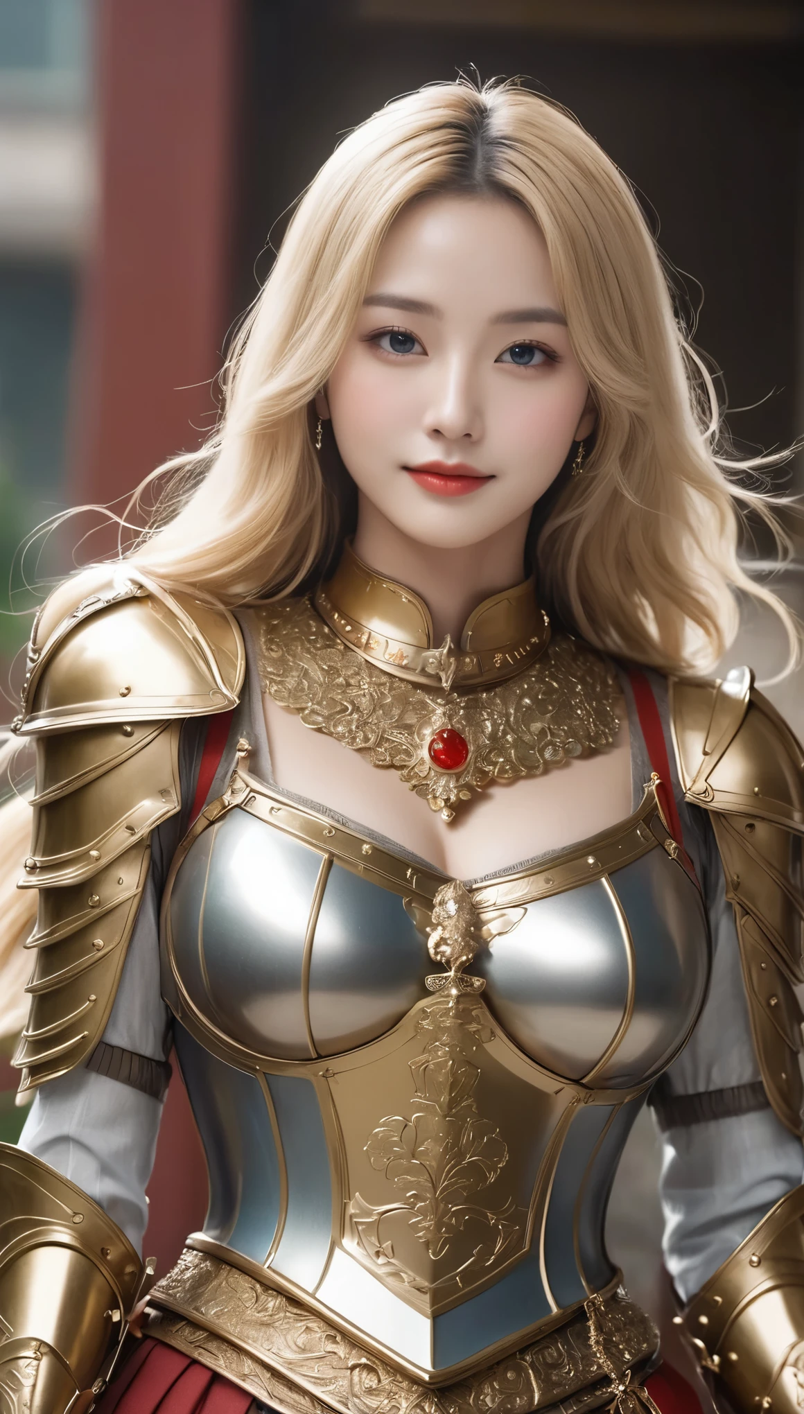 masterpiece,highest quality,上位のknight,(女性knight_knight:1),(Gold Armor:1.3), (35歳の女性knight:1.3),、Big and ample breasts Big big cleavage ,Hyper Real,中世ヨーロッパのbattlefieldにいる,Beautiful smile、British women、Delicate skin texture to the smallest detail、Detailed blue eyes (Very large)、(Beautiful middle-aged woman)、(Fluffy long blonde hair)、Dense and dense skin texture、(((Very large)))、女性knight、(((Big big cleavage)))、Richly decorated golden armor、Golden long boots with flashy decorations、Pure gold and jewellery necklaces and collars、Big gold earrings、Red lips、(((Dressed in gorgeous golden armor)))、Golden Long Globe、((She has a fancy long sword))、The sword is ornately decorated..........................、((The blade is crimson))、(女性knight)、(battlefield)、