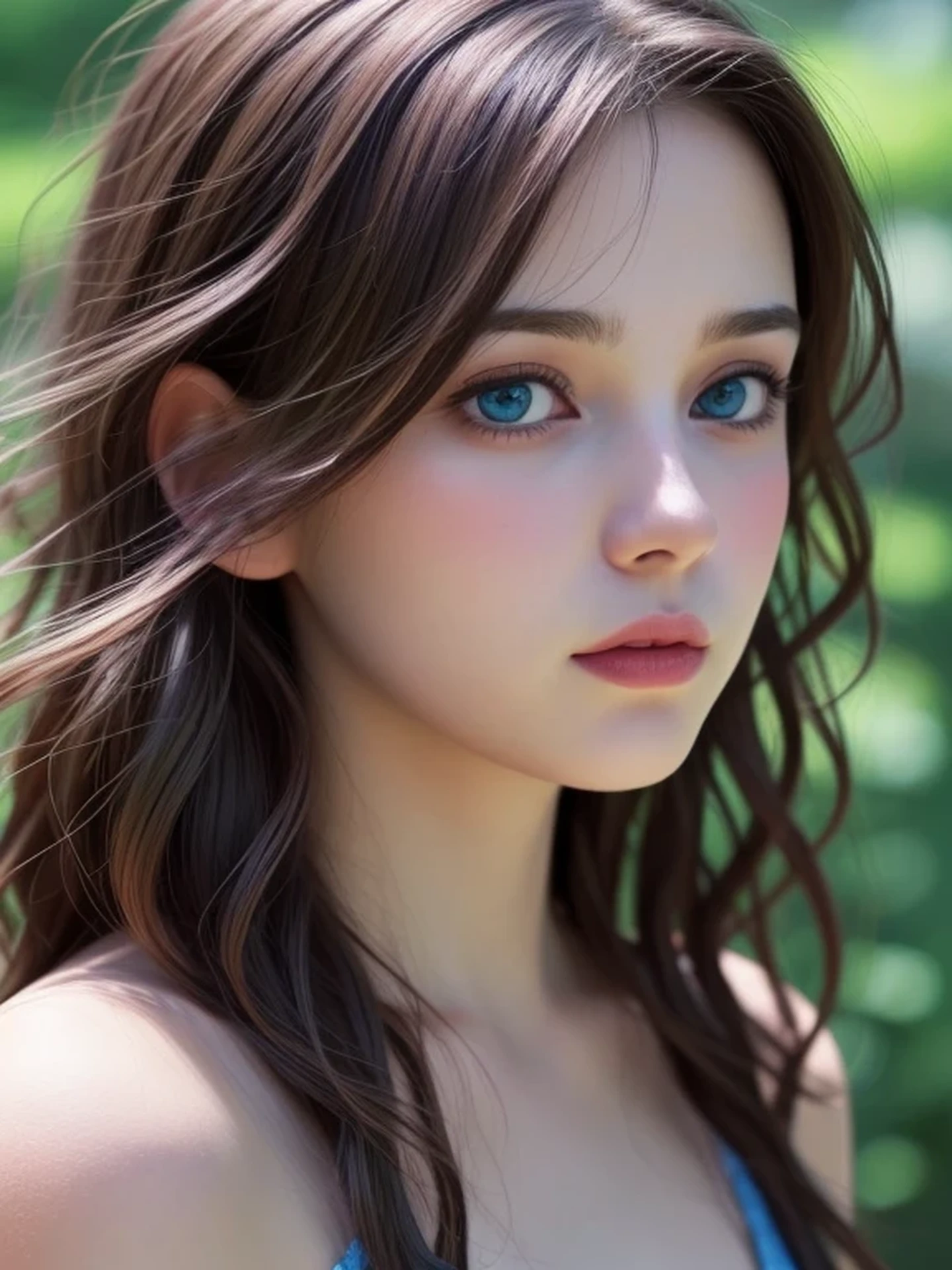 (looking away:1.4), (upper body shot:1.2), Realistic digital painting of a woman portrait, Shy, Cute, open mouth to say something, sad, blue eyes, (Wavy medium Hair:1.1), (brunette colored hair:1.3), (Highly detailed skin:1.2), Mystical style, Global Illumination,