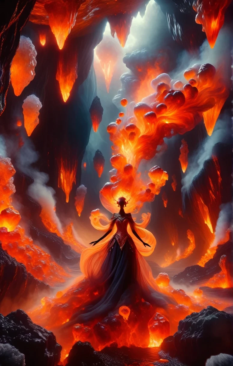 Dreamscape dark and moody portrait of a demon emissary in the midst of a darkly lit volcanic crystal cave where she floats among the magma flows with her mesmerizing visage and her (diaphanous dress billowing:1.4) amongst the smoke filled air. . Surreal, ethereal, dreamy, mysterious, fantasy, highly detailed
