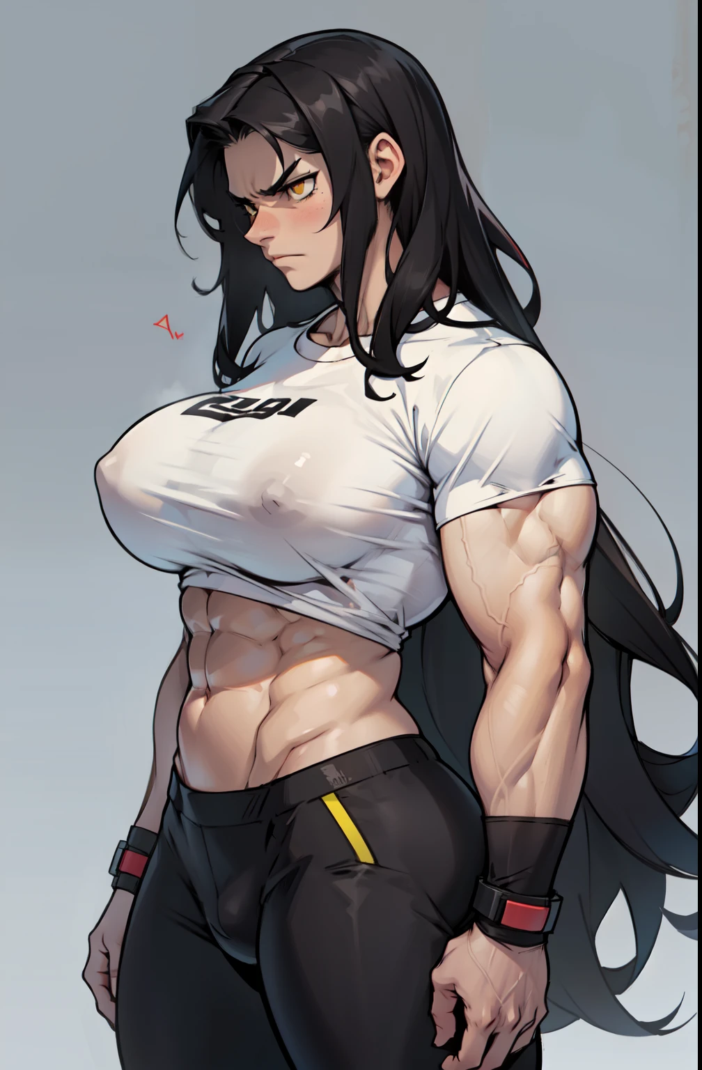 ((1 girl)), extremely long hair, solo, ((muscular)), veins, black hair, yellow eyes, blushing, pale skin, strong, veins, abs, (huge breasts), navel, standing, frowning, tight shirt disdain disapponted annoyed disgusted big ass