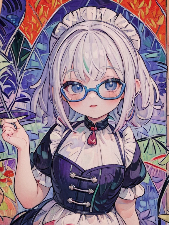 8k, (Fauvism:1.8), 9--old l, blue eyes, Glasses, Silver Hair, Long Hair, Braid, Black maid outfit