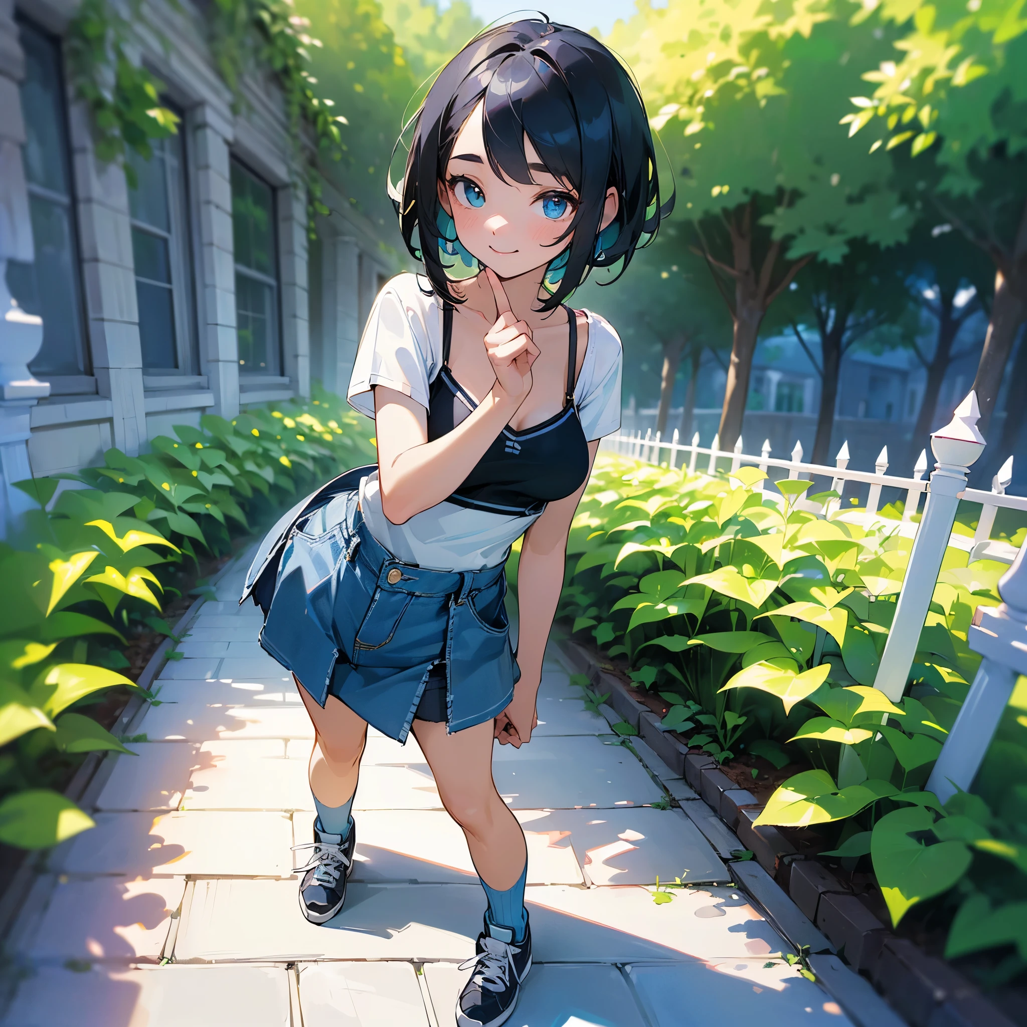 (high quality, High resolution, Very detailed, reality:1.37), Peaceful atmosphere, (Outdoor, garden), age girl standing alone, (my breasts are big.), Beautiful details, Cute Smile, (Black bob hair), camisole, Denim skirt, Blue socks, sneakers.