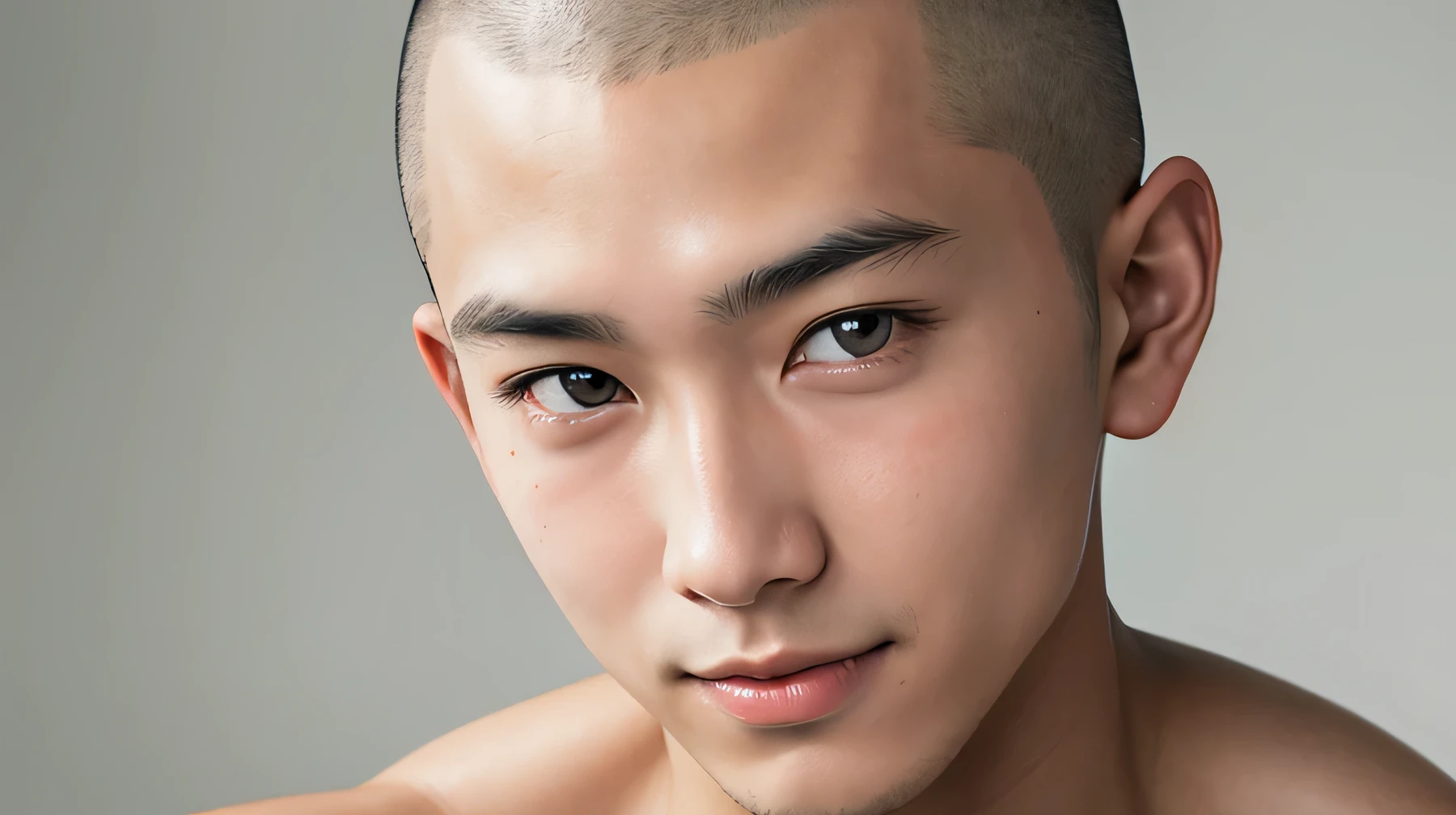 Handsome Japanese 22 year old model Baby Face smile Skinhead Shaved head Short black hair Soft Macho cute Watery eye blush Shaved head Skinhead Staring straight into the camera Beautiful Skin Nude from the shoulders up ID photo The whole head fits in Gray tone plain background
