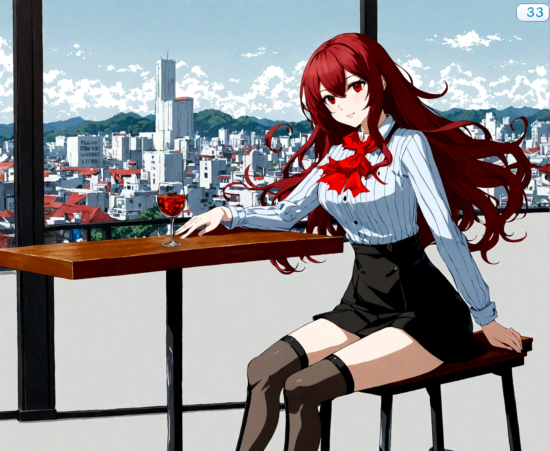 ((masterpiece, best quality)) Persona3ReloadMitsuru, 1girl, solo, long hair, red hair, wavy hair, side bangs, red eyes, on the restaurant, minidress, japonese city in the background, sitting cross-legged, 18 years old,