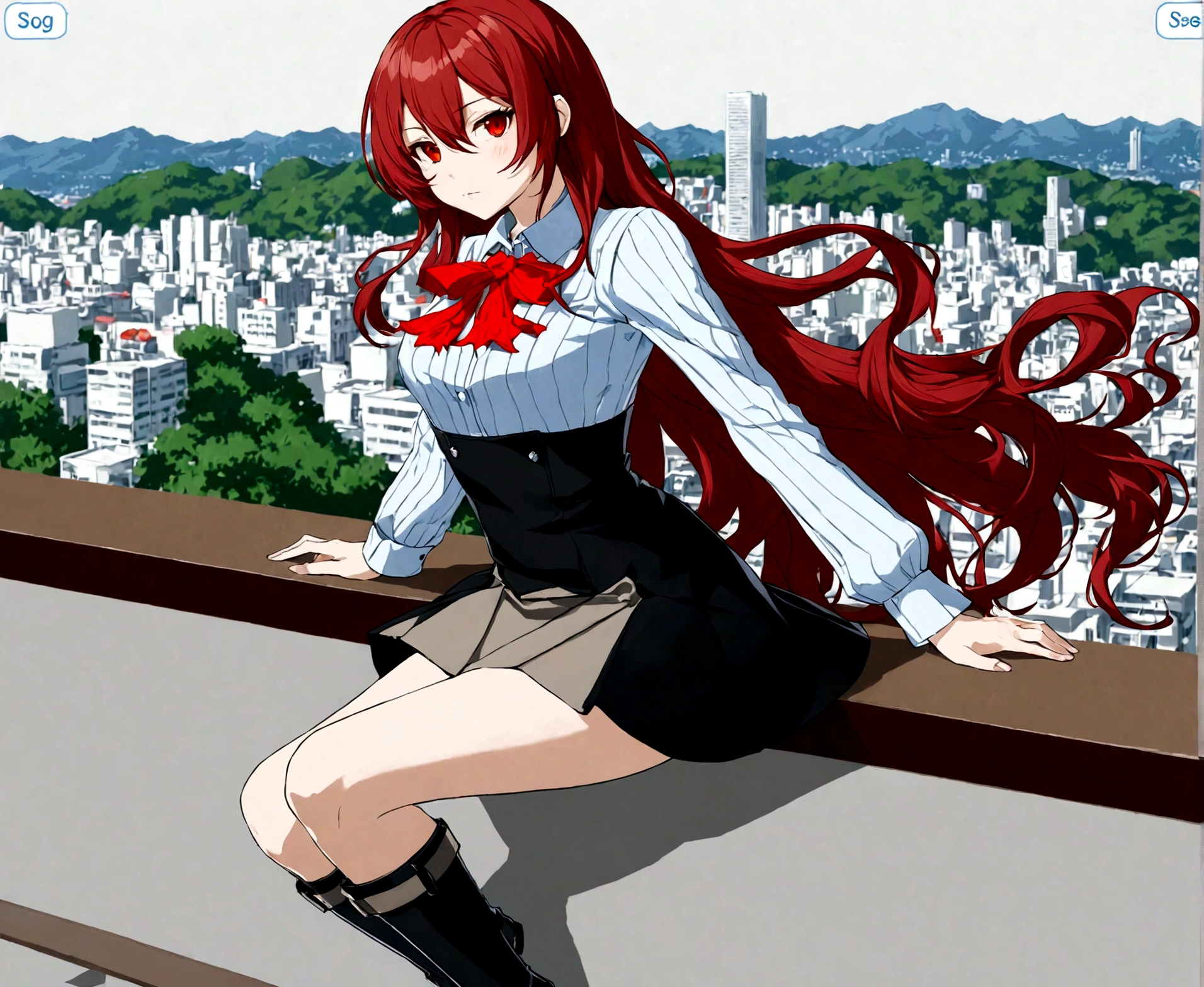 ((masterpiece, best quality)) Persona3ReloadMitsuru, 1girl, solo, long hair, red hair, wavy hair, side bangs, red eyes, on the restaurant, minidress, japonese city in the background, sitting cross-legged, 18 years old,