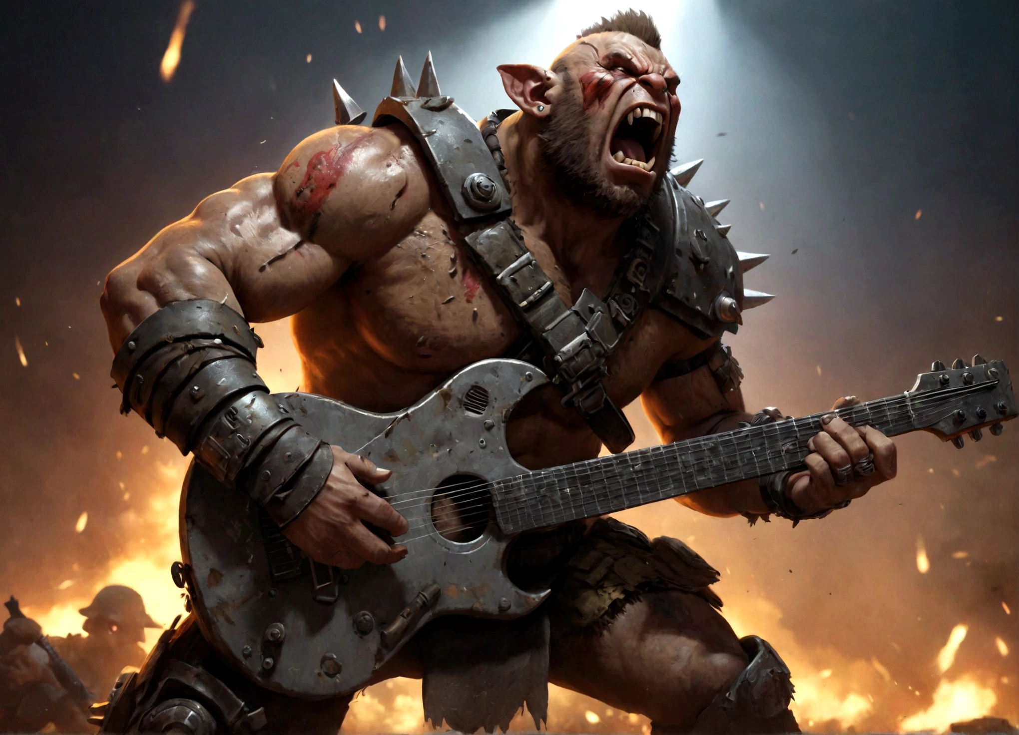 a powerful ogryn male, detailed muscular build, crude cyber augments, military themed outfit revealing skin, shouting singing, reinforced combat guitar, wartorn battlefield, dramatic lighting, cinematic composition, (best quality,4k,8k,highres,masterpiece:1.2),ultra-detailed,(realistic,photorealistic,photo-realistic:1.37),gritty military sci-fi,vibrant colors,dramatic shadows