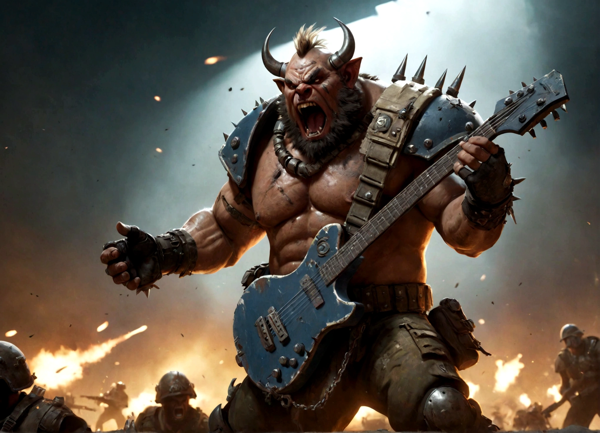 a powerful ogryn male, detailed muscular build, crude cyber augments, military themed outfit revealing skin, shouting singing, reinforced combat guitar, wartorn battlefield, dramatic lighting, cinematic composition, (best quality,4k,8k,highres,masterpiece:1.2),ultra-detailed,(realistic,photorealistic,photo-realistic:1.37),gritty military sci-fi,vibrant colors,dramatic shadows
