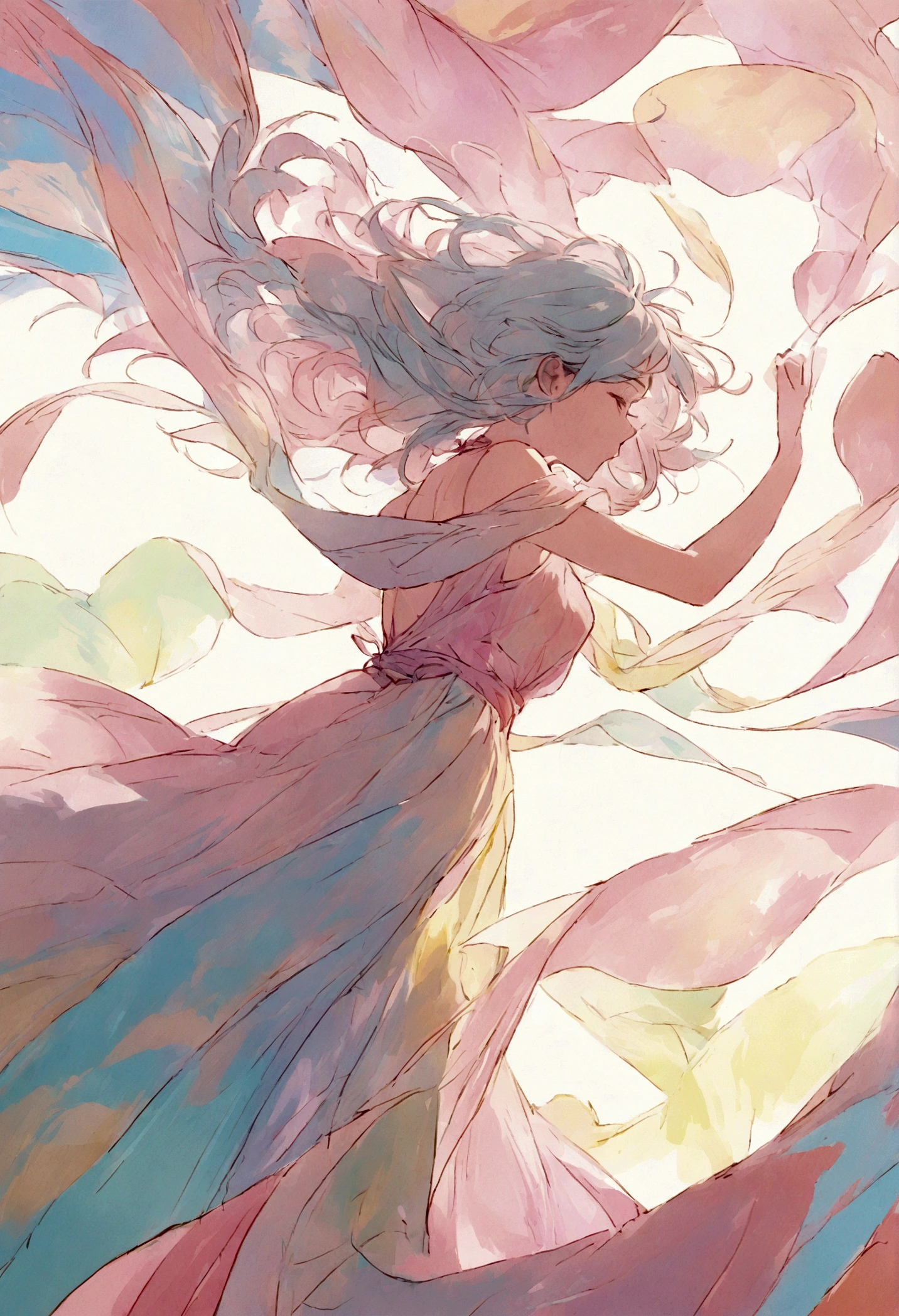 Cute girl painted in pastel colors, summer fabric around her, dancing in the wind, high quality drawings.