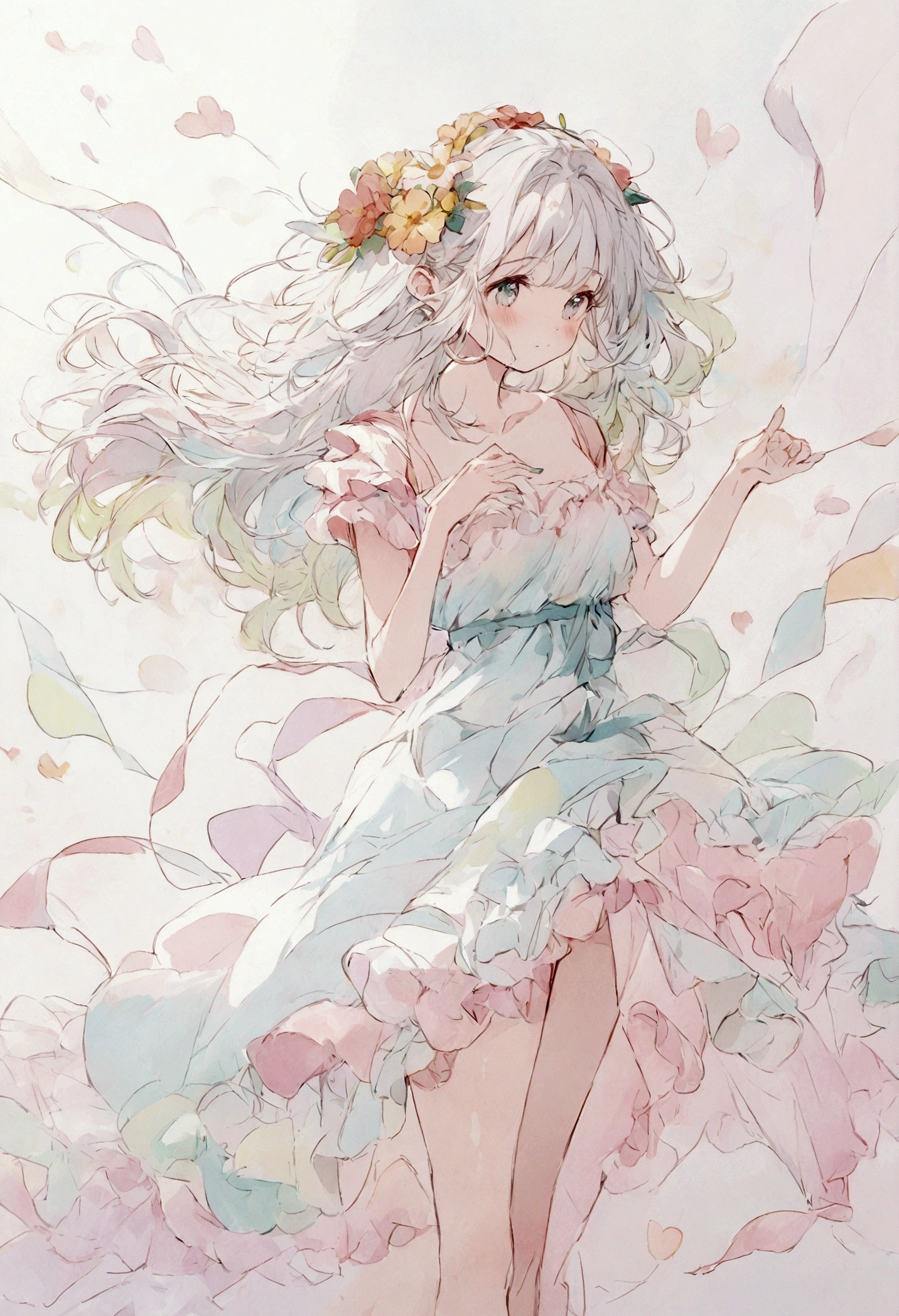 Cute girl painted in pastel colors, summer fabric around her, dancing in the wind, high quality drawings.