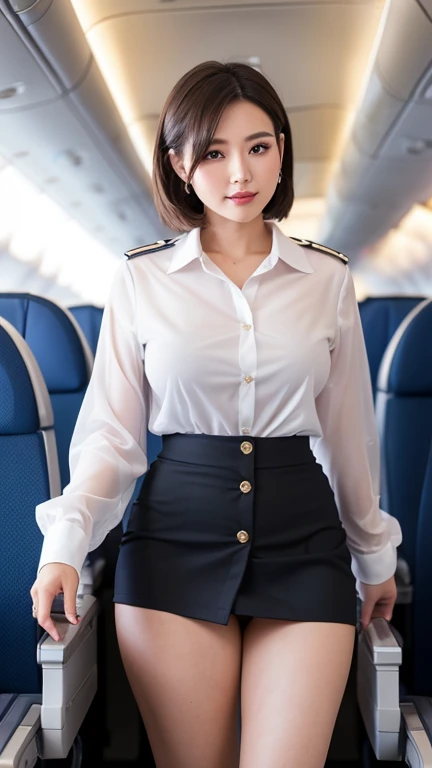 1 Female, 29-year-old、Ultra detailed face、Detailed lips、Detailed eyes、double eyelid、(Short Hair)、She smiles as she walks slowly down the aisle.、(Stewardess Uniform:1.2)、 (Shirt No.1Button No.2Button No.3The button is open), ((The chest is slightly open:1.3)), (Attractive body)、(Voluptuous Boobs:1.2)、Perfect hands, Perfect Fingers, Thighs Thighs Thighs Thighs, Exactly, Perfect body, Perfect Face, Perfect Image Realism, background: (Business class aisle on airplane:1.2), Cowboy Shot, 綿密なbackground, Detailed costume, Perfect lighting、((Hyperrealism))、(Photorealistic:1.4)、Maximum resolution 8K, (masterpiece), Very detailed, Professional, Wearing a skirt, show panties:1.2, from back, looking back, hip, wind, full body, The hair is slightly brown, Wearing black high heels, ((see-through: Her bra is visible through her white shirt:1.2)),