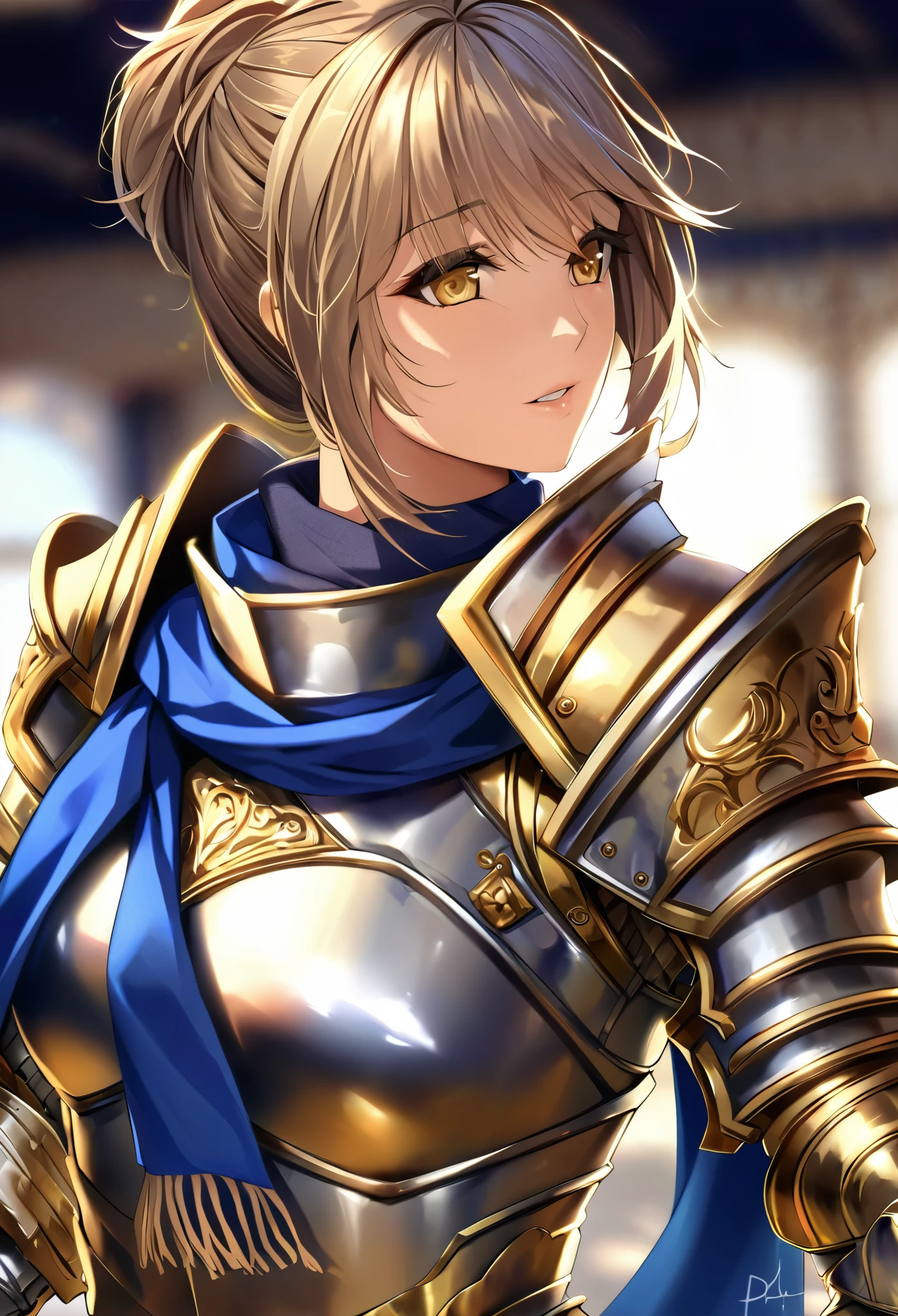 Masterpiece, absurdres, fine detail, HDR,highly detailed armor with gold plating, shiny armor, photorealistic,PLD_armor, a female knight in armor, wearing PLD_armor, blue scarf