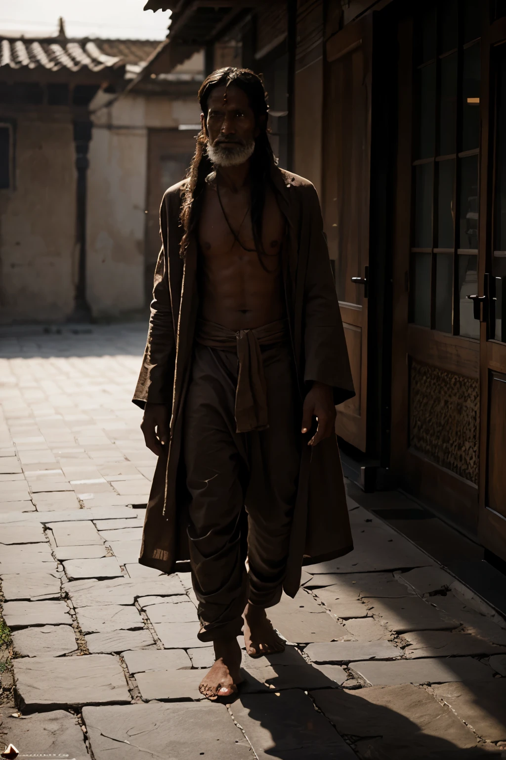 An unknown sadhu came to them, cinematic shots, full body 